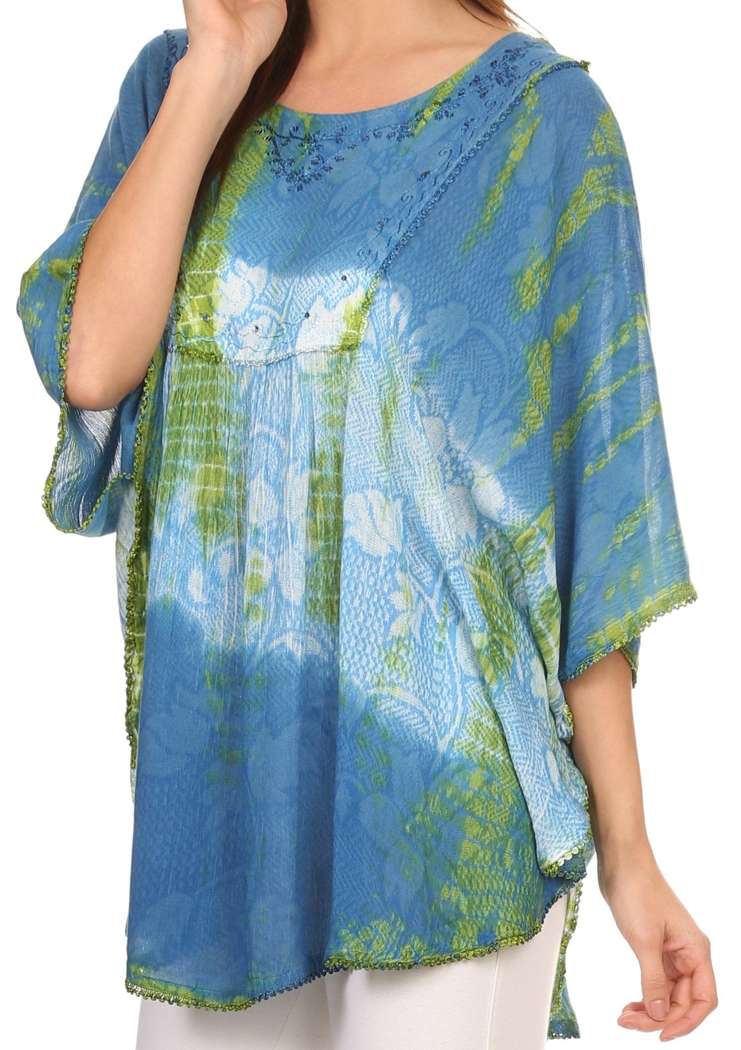 Sakkas Ellesa Ombre Tie Dye Circle Poncho Blouse Shirt Top With Sequin Embroidery - Concordia Style Boutique