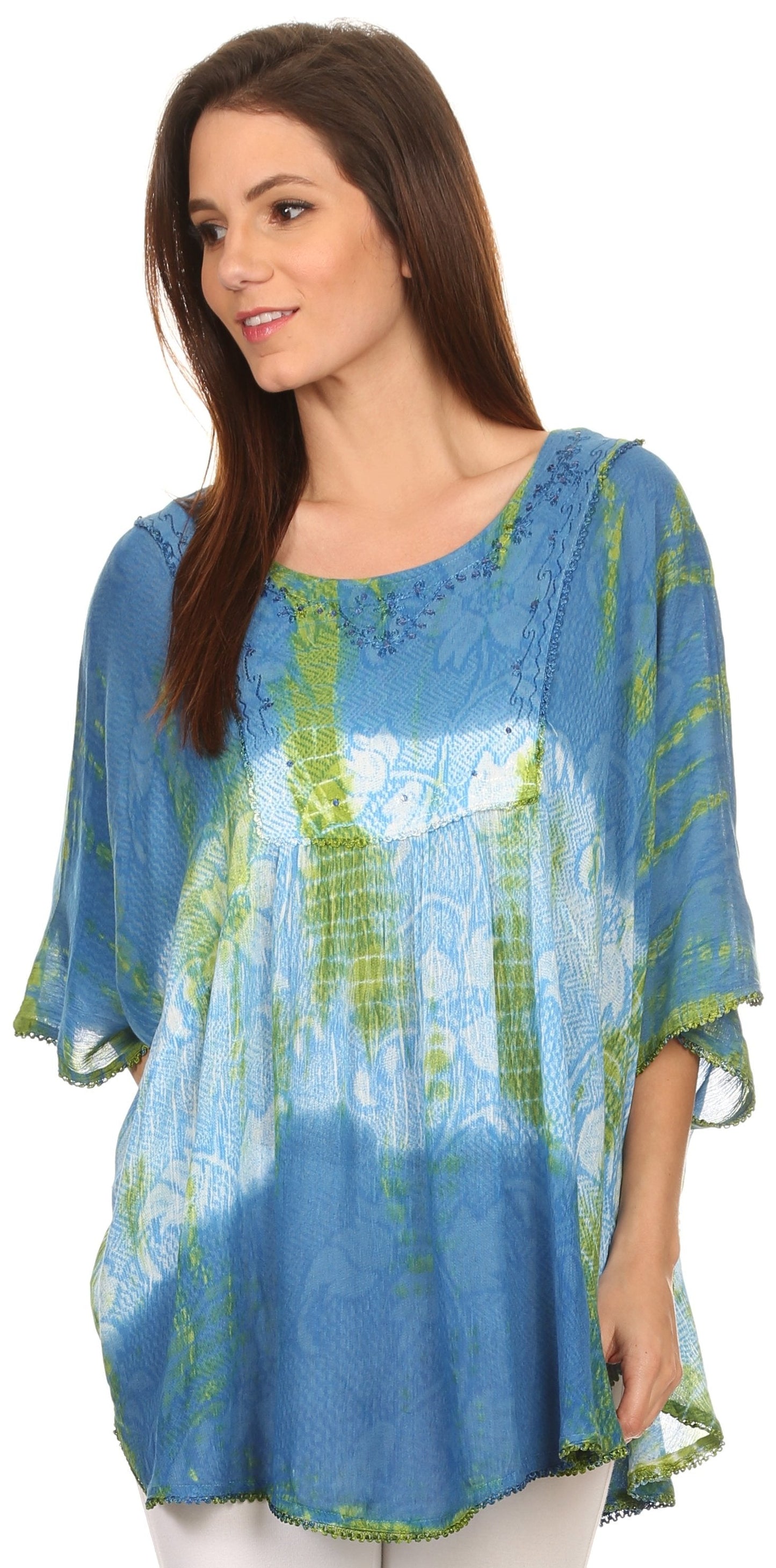 Sakkas Ellesa Ombre Tie Dye Circle Poncho Blouse Shirt Top With Sequin Embroidery - Concordia Style Boutique