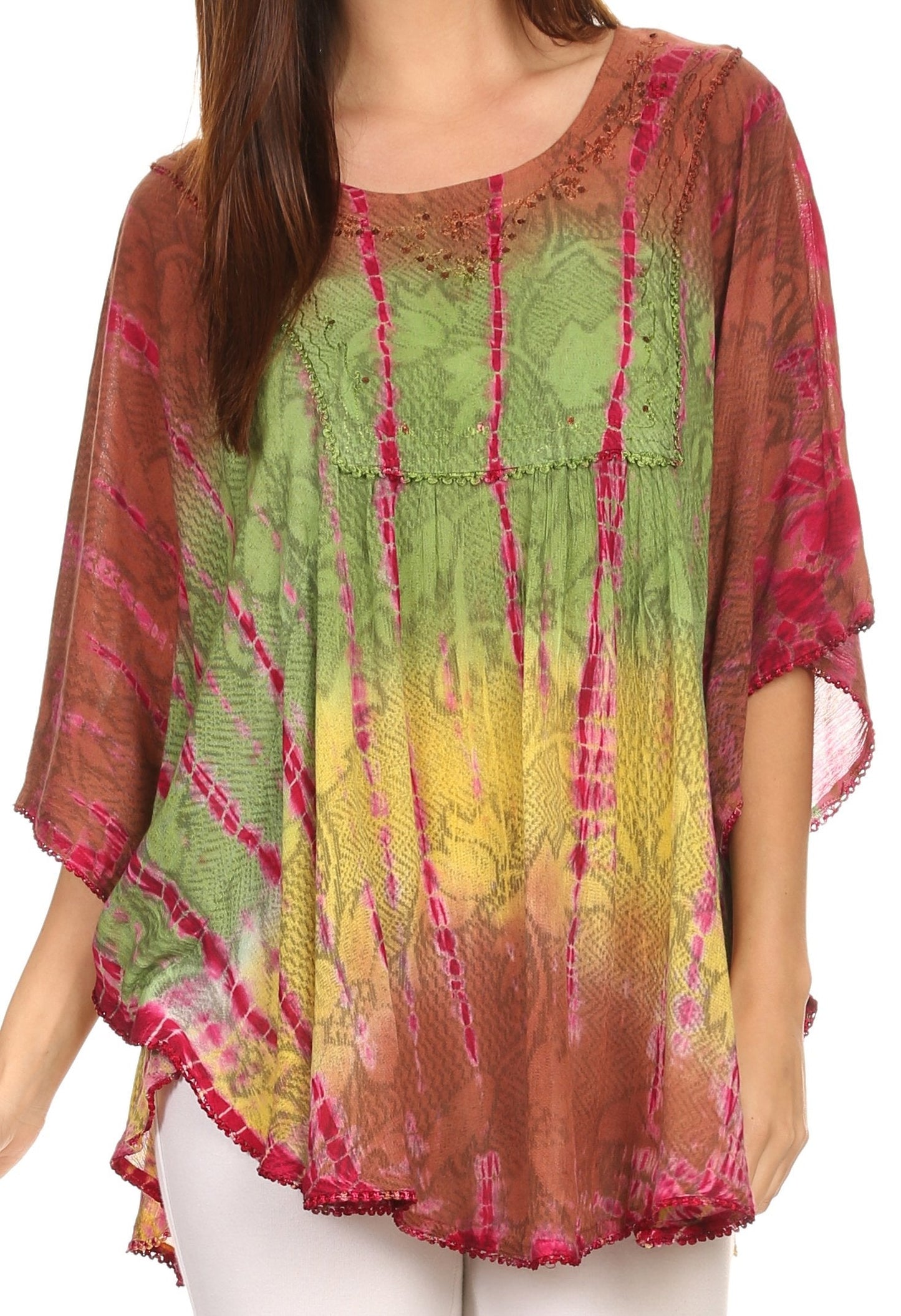 Sakkas Ellesa Ombre Tie Dye Circle Poncho Blouse Shirt Top With Sequin Embroidery - Concordia Style Boutique