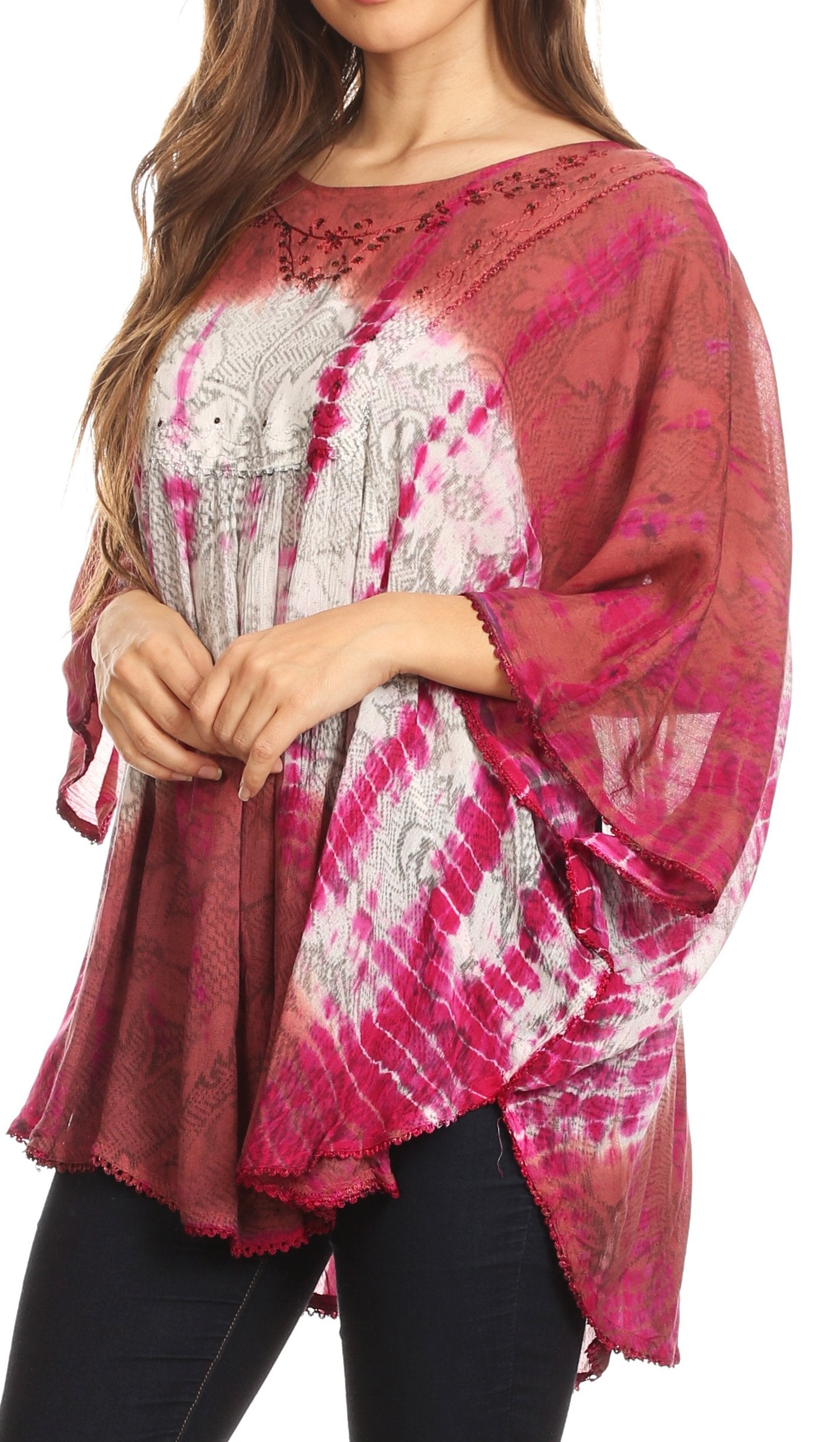 Sakkas Ellesa Ombre Tie Dye Circle Poncho Blouse Shirt Top With Sequin Embroidery - Concordia Style Boutique