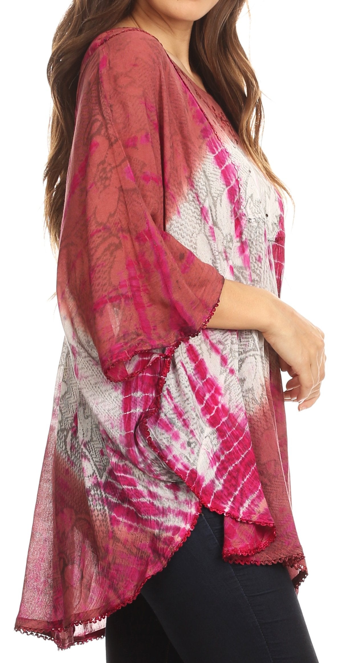 Sakkas Ellesa Ombre Tie Dye Circle Poncho Blouse Shirt Top With Sequin Embroidery - Concordia Style Boutique