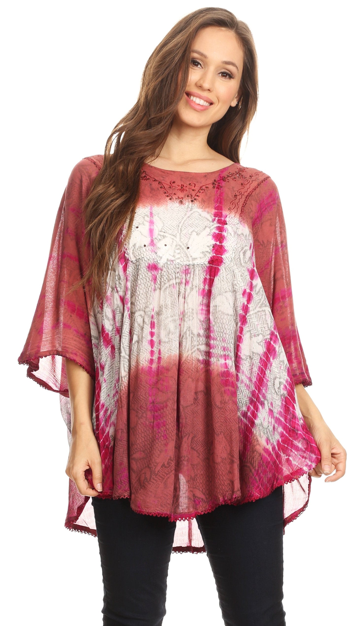 Sakkas Ellesa Ombre Tie Dye Circle Poncho Blouse Shirt Top With Sequin Embroidery - Concordia Style Boutique