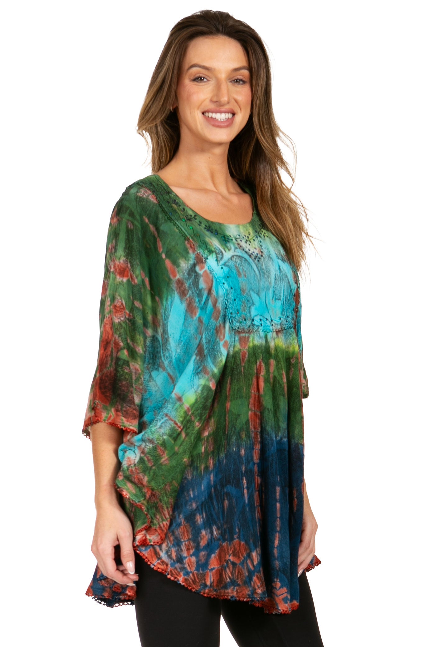 Sakkas Ellesa Ombre Tie Dye Circle Poncho Blouse Shirt Top With Sequin Embroidery - Concordia Style Boutique