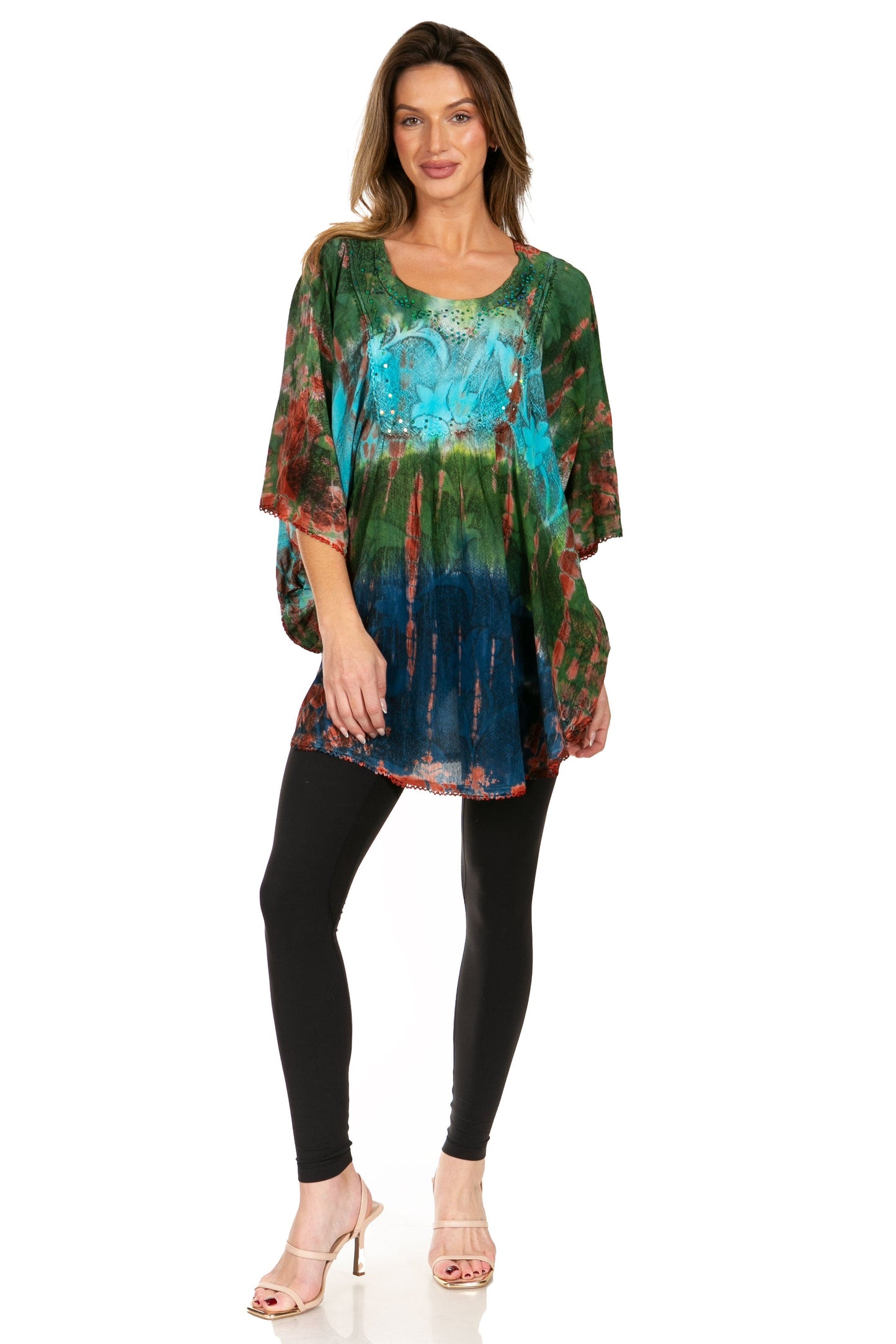 Sakkas Ellesa Ombre Tie Dye Circle Poncho Blouse Shirt Top With Sequin Embroidery - Concordia Style Boutique