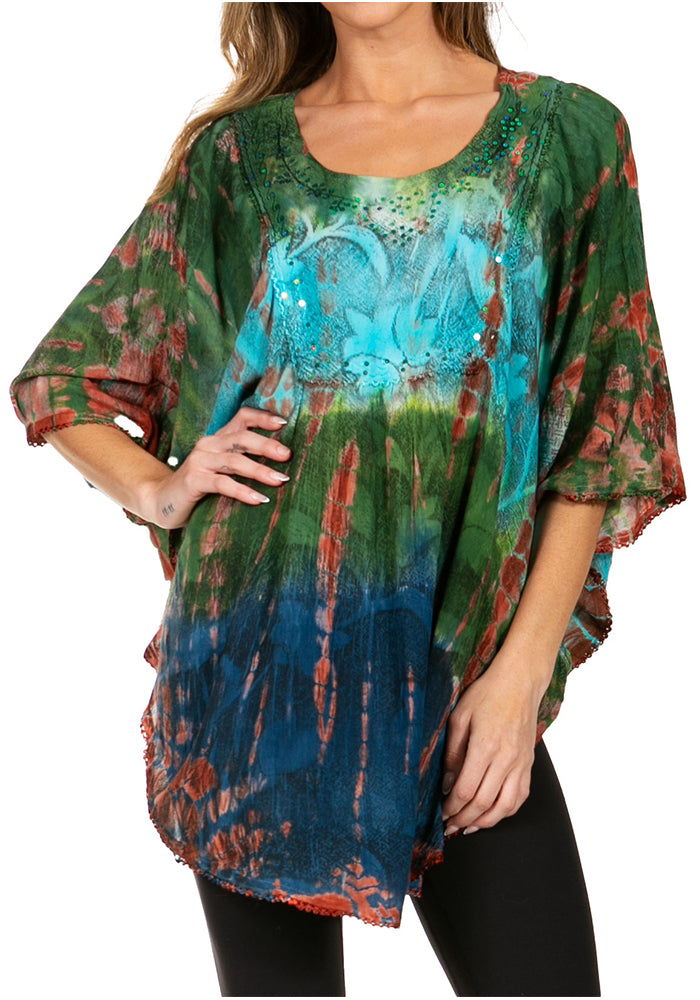 Sakkas Ellesa Ombre Tie Dye Circle Poncho Blouse Shirt Top With Sequin Embroidery - Concordia Style Boutique