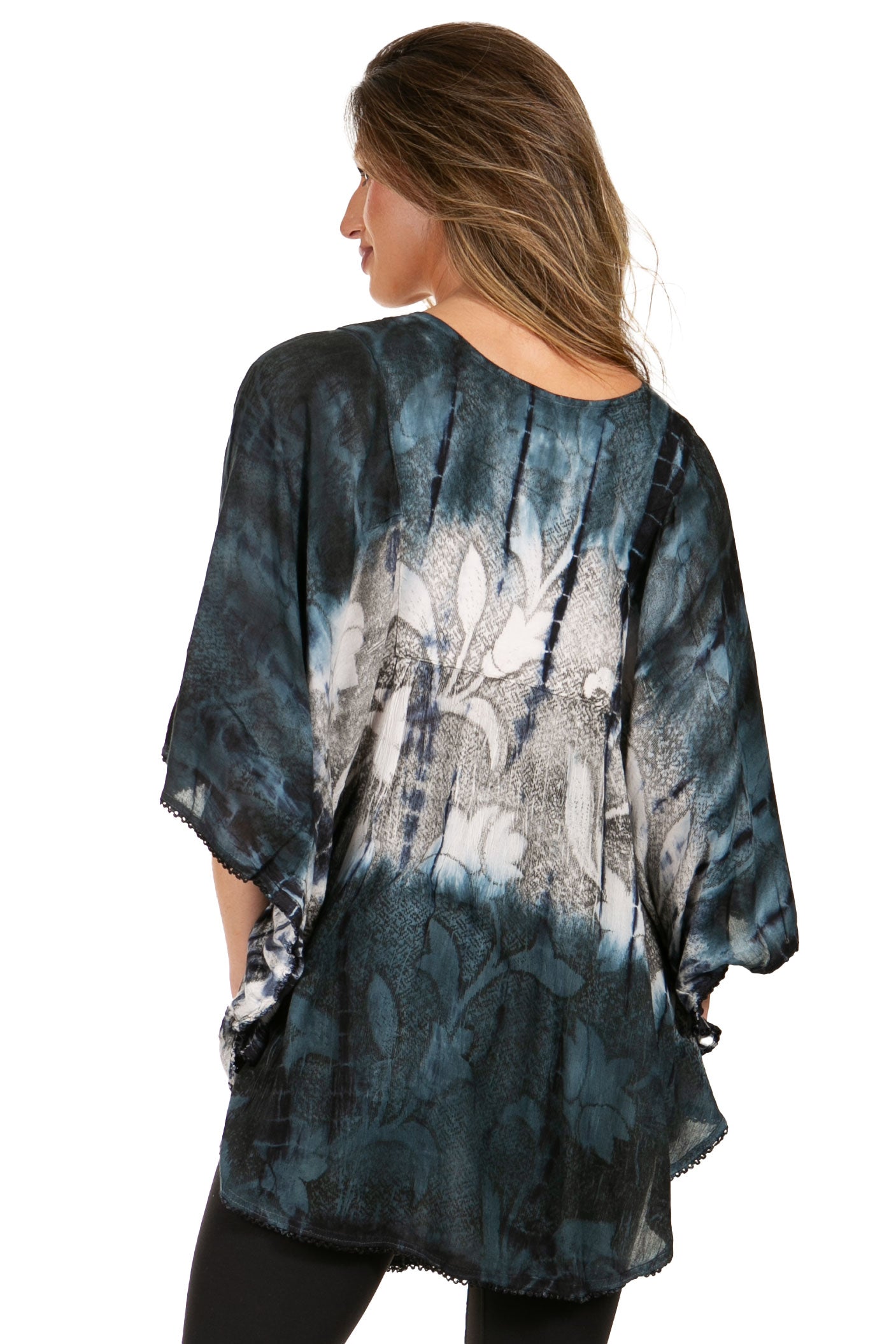 Sakkas Ellesa Ombre Tie Dye Circle Poncho Blouse Shirt Top With Sequin Embroidery - Concordia Style Boutique