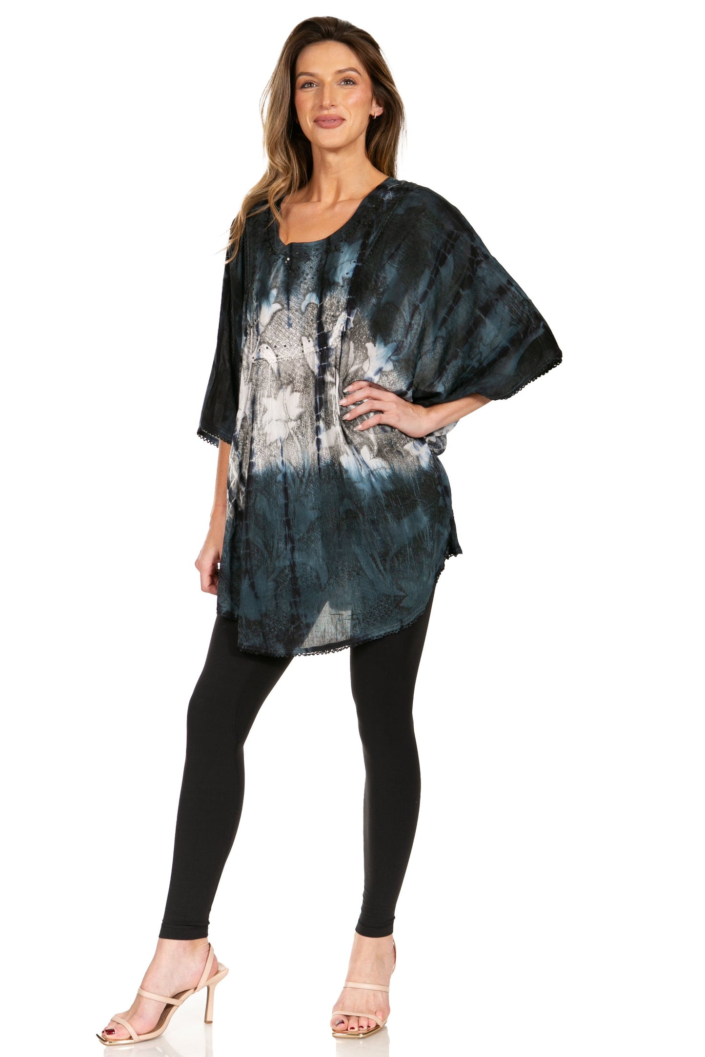 Sakkas Ellesa Ombre Tie Dye Circle Poncho Blouse Shirt Top With Sequin Embroidery - Concordia Style Boutique