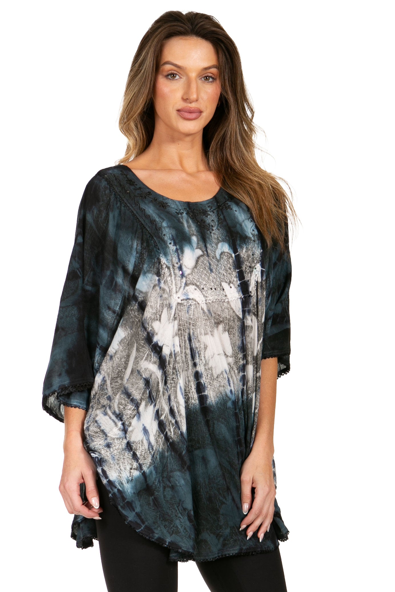 Sakkas Ellesa Ombre Tie Dye Circle Poncho Blouse Shirt Top With Sequin Embroidery - Concordia Style Boutique