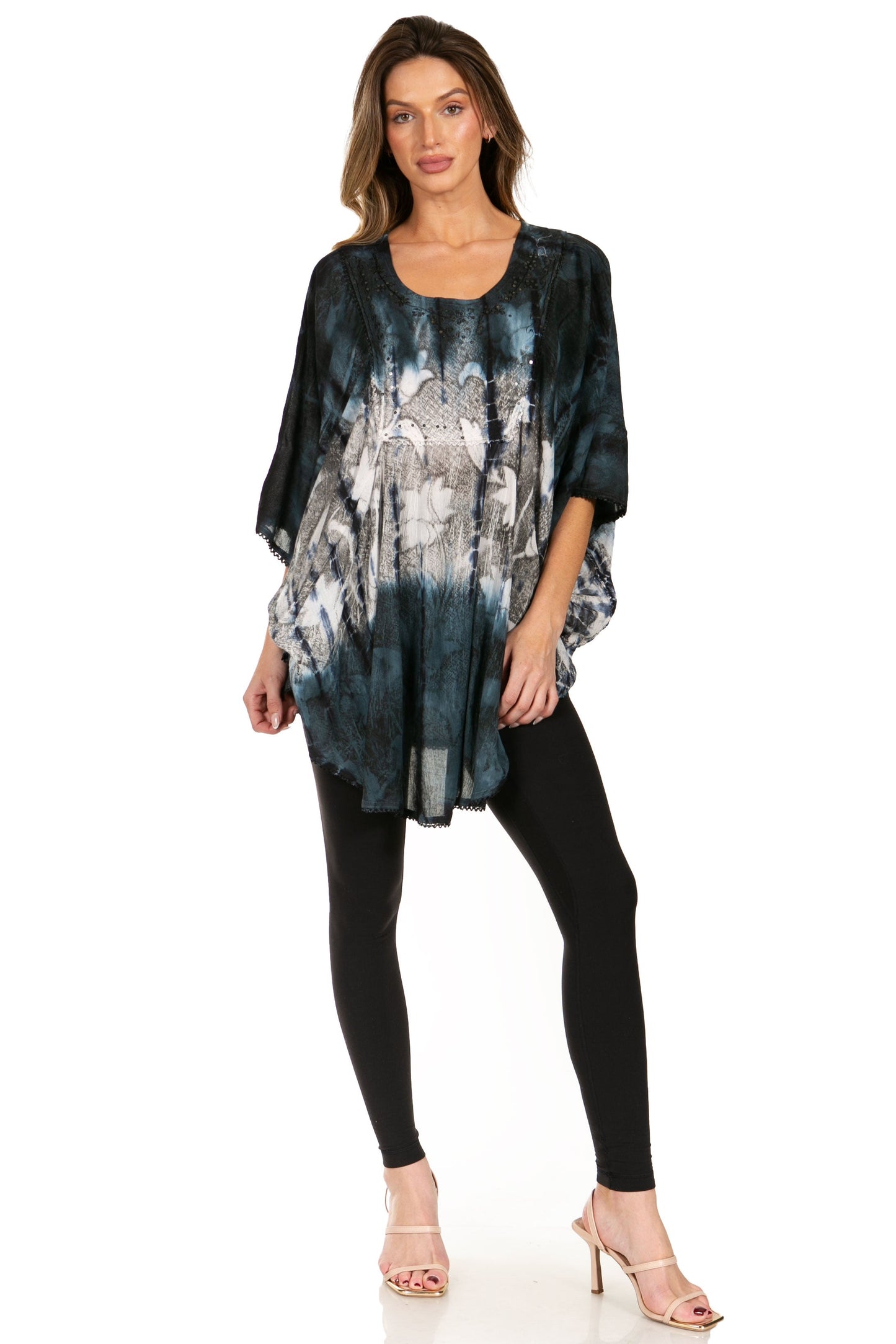 Sakkas Ellesa Ombre Tie Dye Circle Poncho Blouse Shirt Top With Sequin Embroidery - Concordia Style Boutique