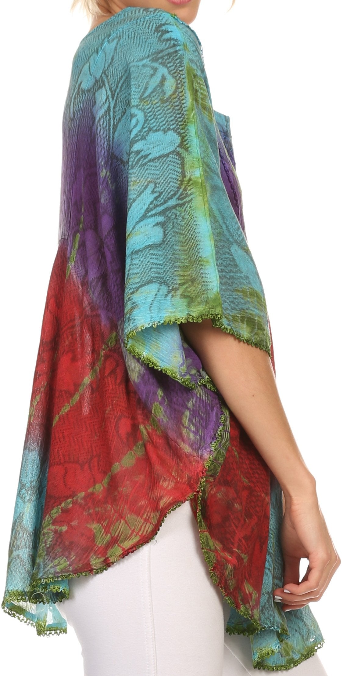 Sakkas Ellesa Ombre Tie Dye Circle Poncho Blouse Shirt Top With Sequin Embroidery - Concordia Style Boutique