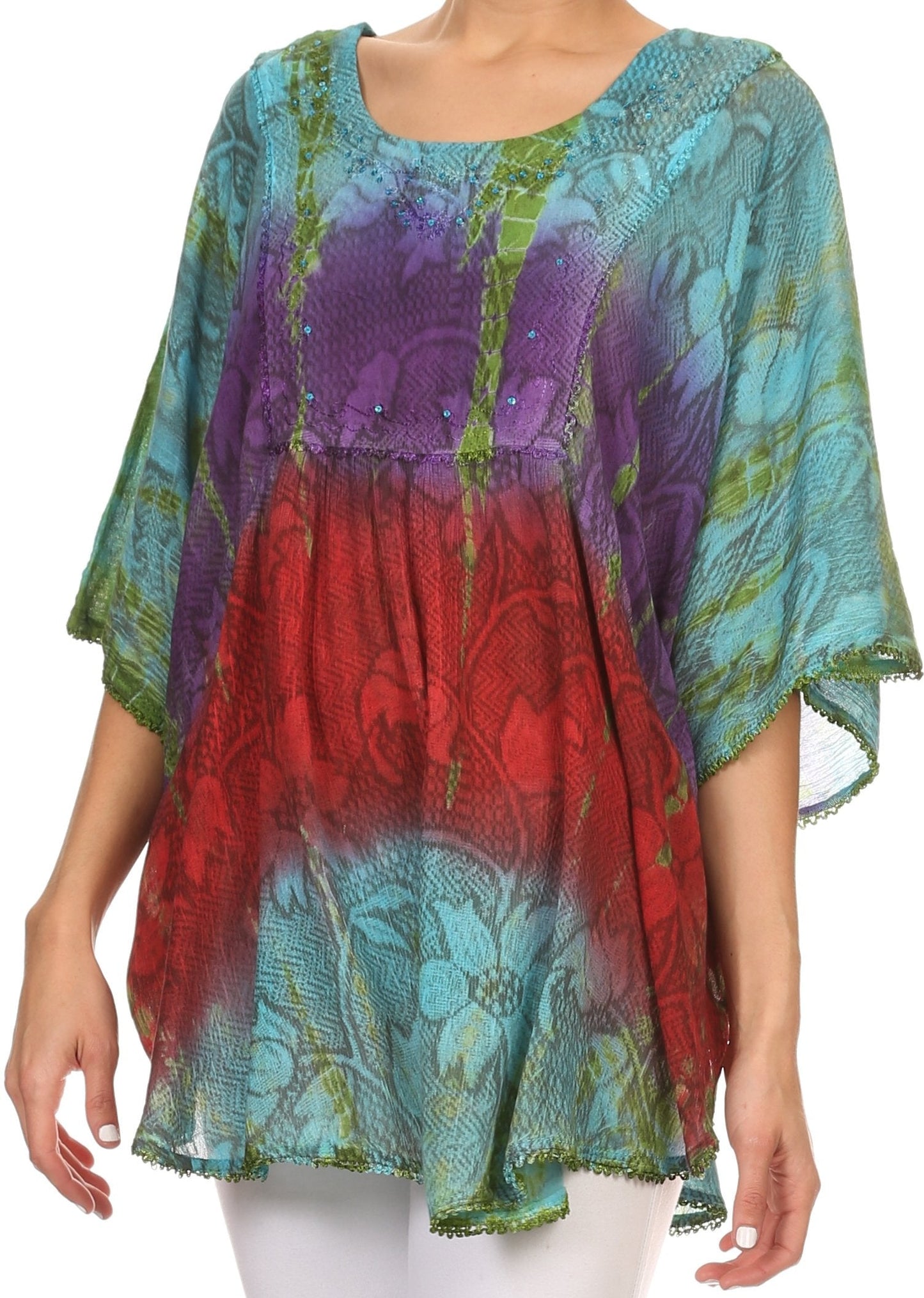 Sakkas Ellesa Ombre Tie Dye Circle Poncho Blouse Shirt Top With Sequin Embroidery - Concordia Style Boutique