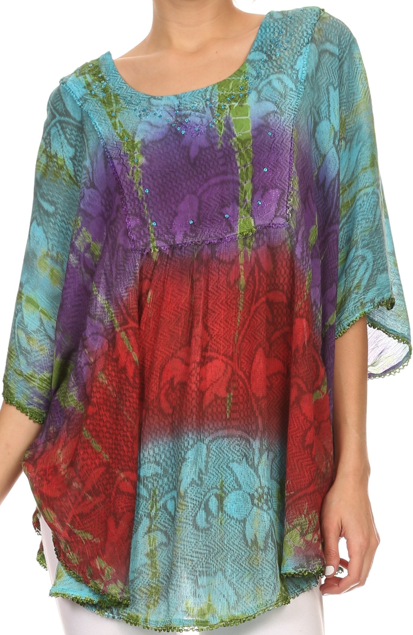 Sakkas Ellesa Ombre Tie Dye Circle Poncho Blouse Shirt Top With Sequin Embroidery - Concordia Style Boutique