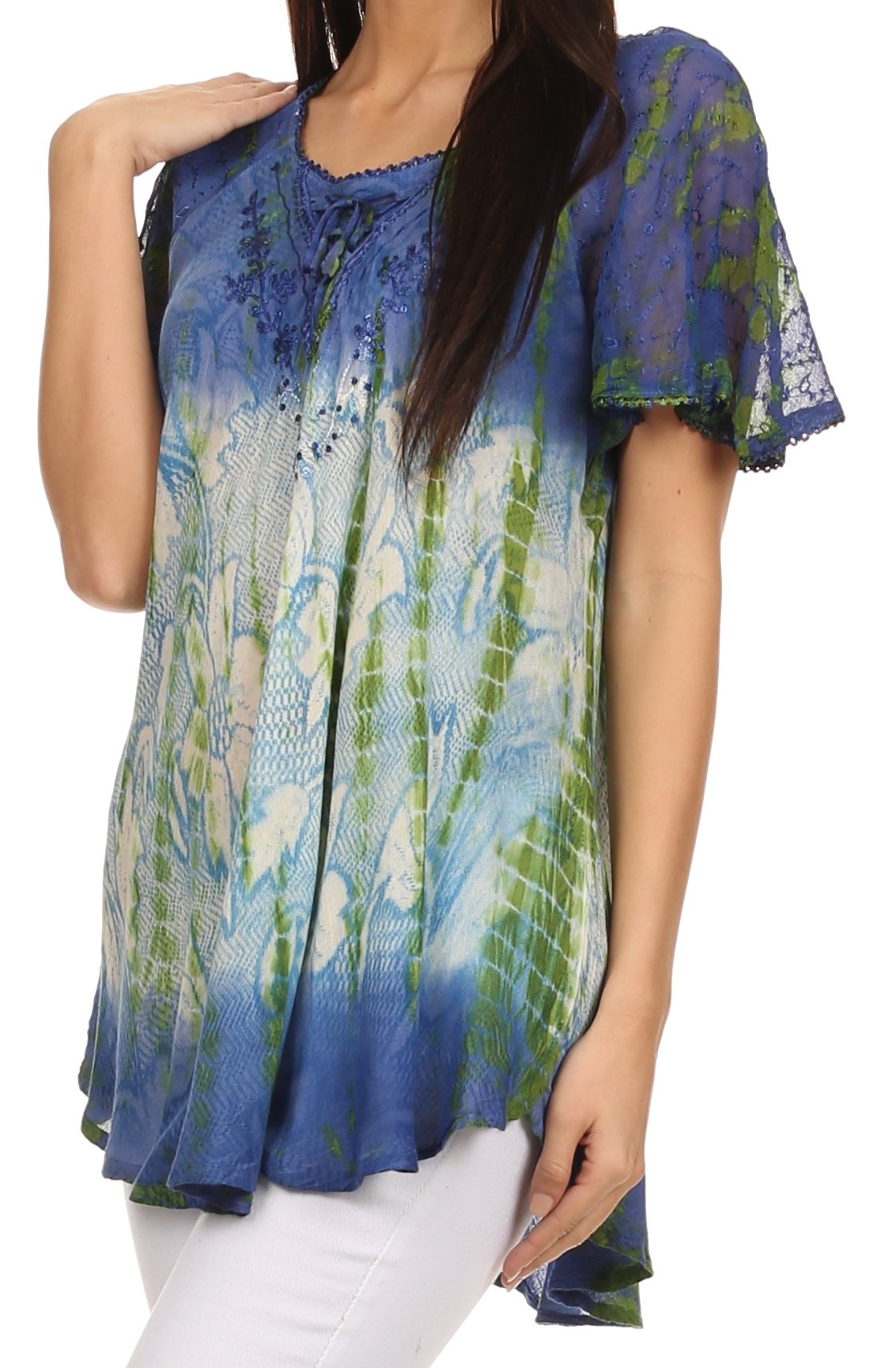 Sakkas Dina Relaxed Fit Sequin Tie Dye Embroidery Cap Sleeves Blouse / Top - Concordia Style Boutique