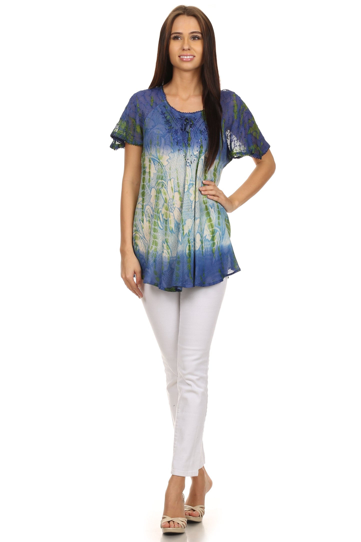 Sakkas Dina Relaxed Fit Sequin Tie Dye Embroidery Cap Sleeves Blouse / Top - Concordia Style Boutique