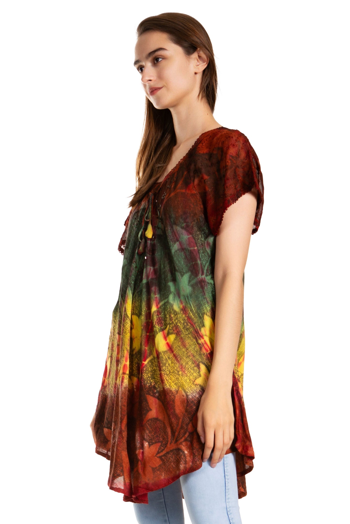 Sakkas Dina Relaxed Fit Sequin Tie Dye Embroidery Cap Sleeves Blouse / Top - Concordia Style Boutique