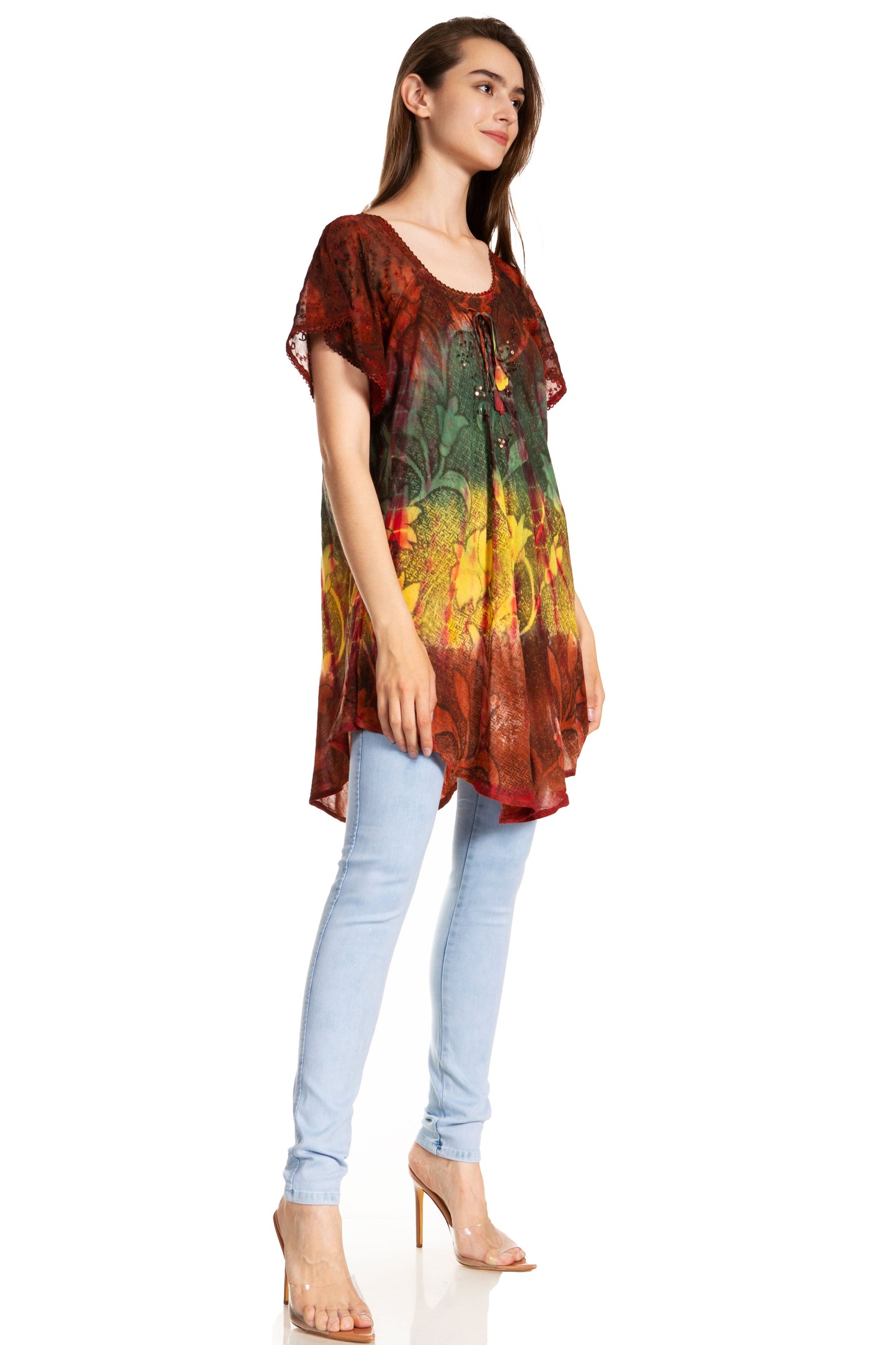 Sakkas Dina Relaxed Fit Sequin Tie Dye Embroidery Cap Sleeves Blouse / Top - Concordia Style Boutique
