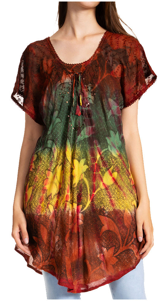 Sakkas Dina Relaxed Fit Sequin Tie Dye Embroidery Cap Sleeves Blouse / Top - Concordia Style Boutique