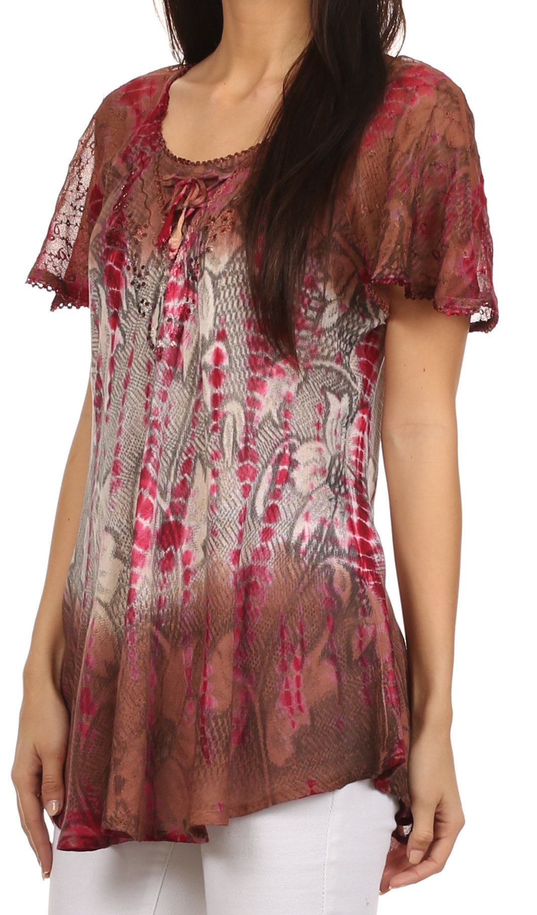 Sakkas Dina Relaxed Fit Sequin Tie Dye Embroidery Cap Sleeves Blouse / Top - Concordia Style Boutique