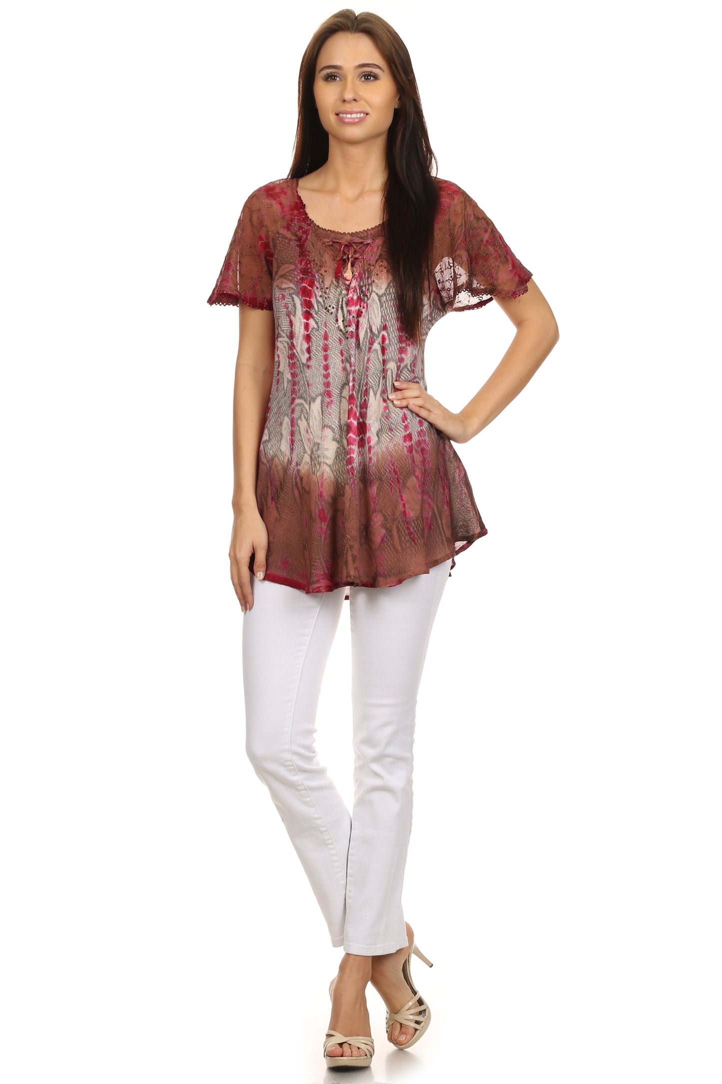 Sakkas Dina Relaxed Fit Sequin Tie Dye Embroidery Cap Sleeves Blouse / Top - Concordia Style Boutique