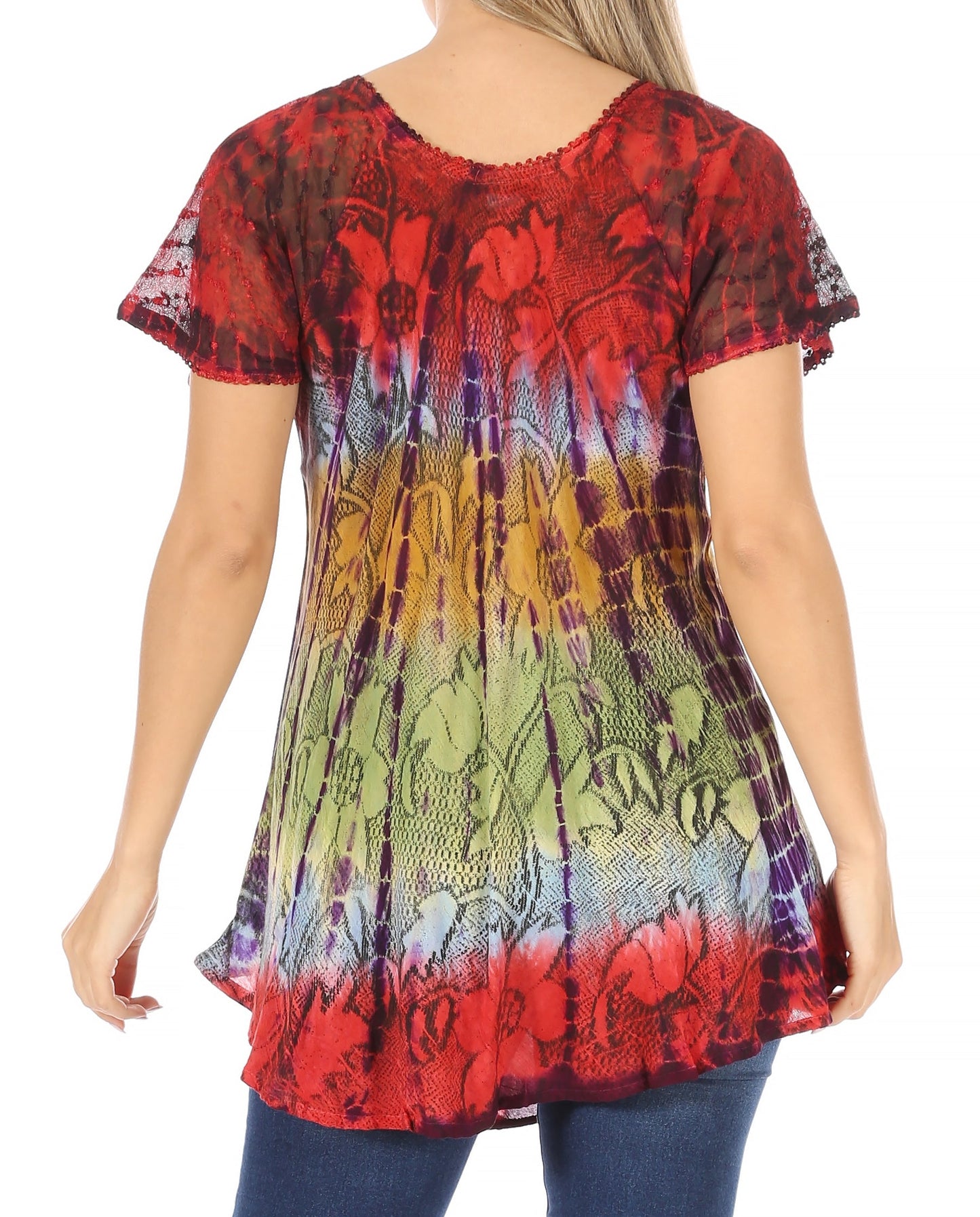 Sakkas Dina Relaxed Fit Sequin Tie Dye Embroidery Cap Sleeves Blouse / Top - Concordia Style Boutique