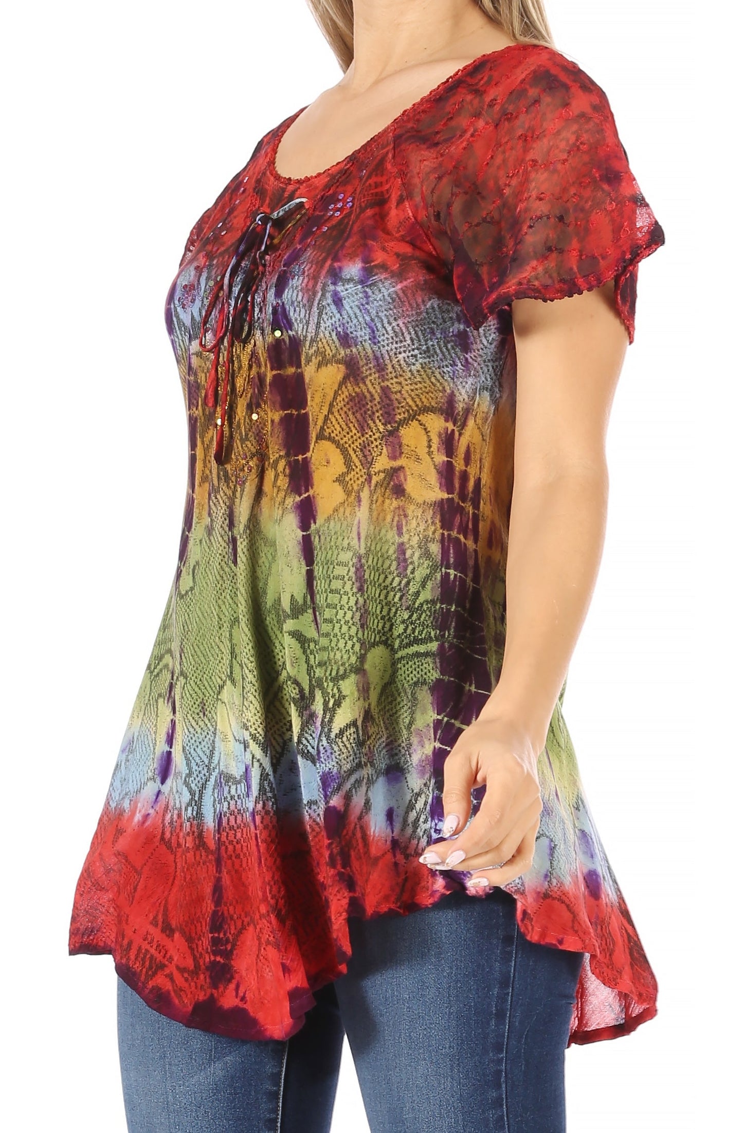 Sakkas Dina Relaxed Fit Sequin Tie Dye Embroidery Cap Sleeves Blouse / Top - Concordia Style Boutique