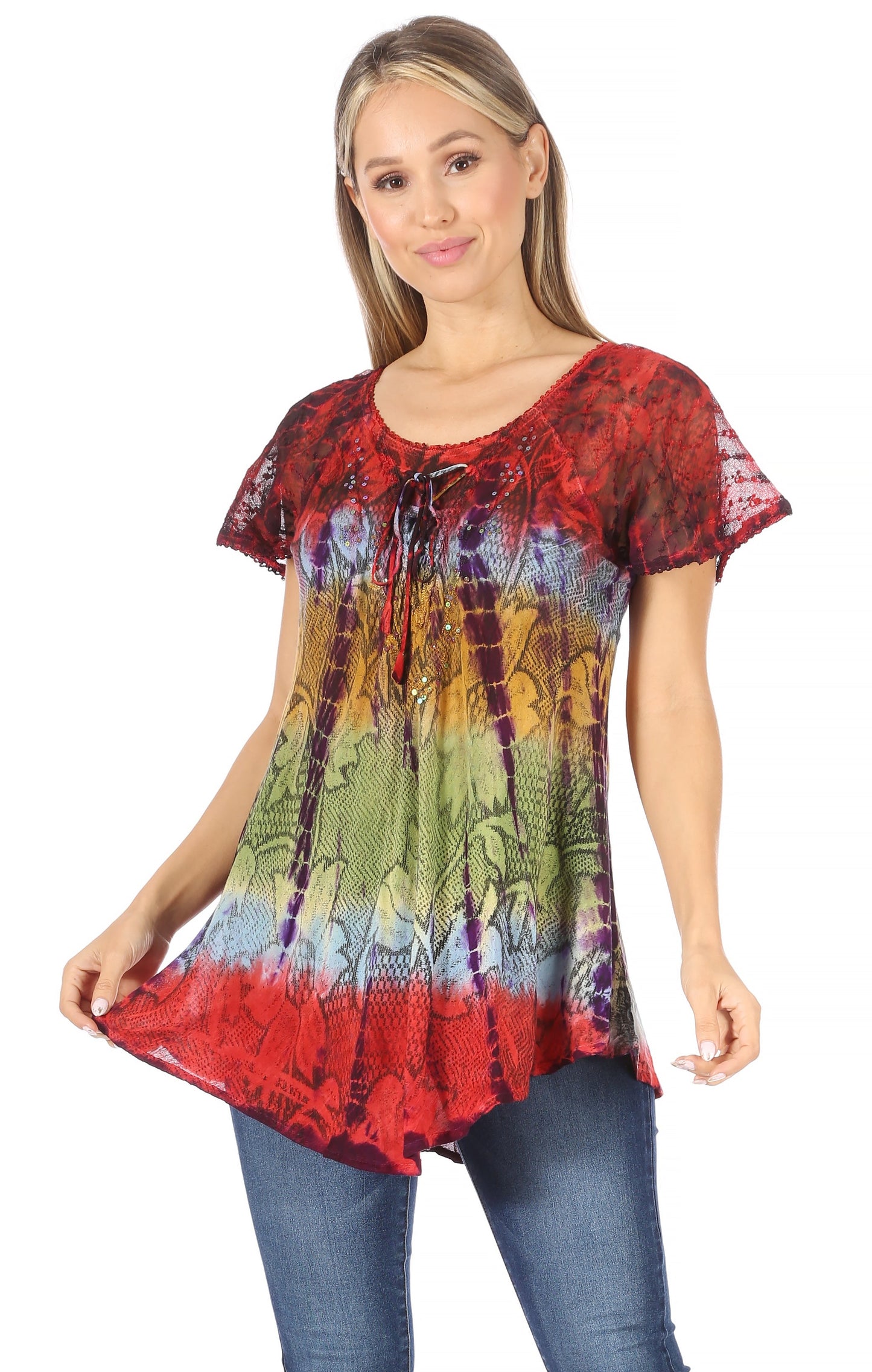 Sakkas Dina Relaxed Fit Sequin Tie Dye Embroidery Cap Sleeves Blouse / Top - Concordia Style Boutique