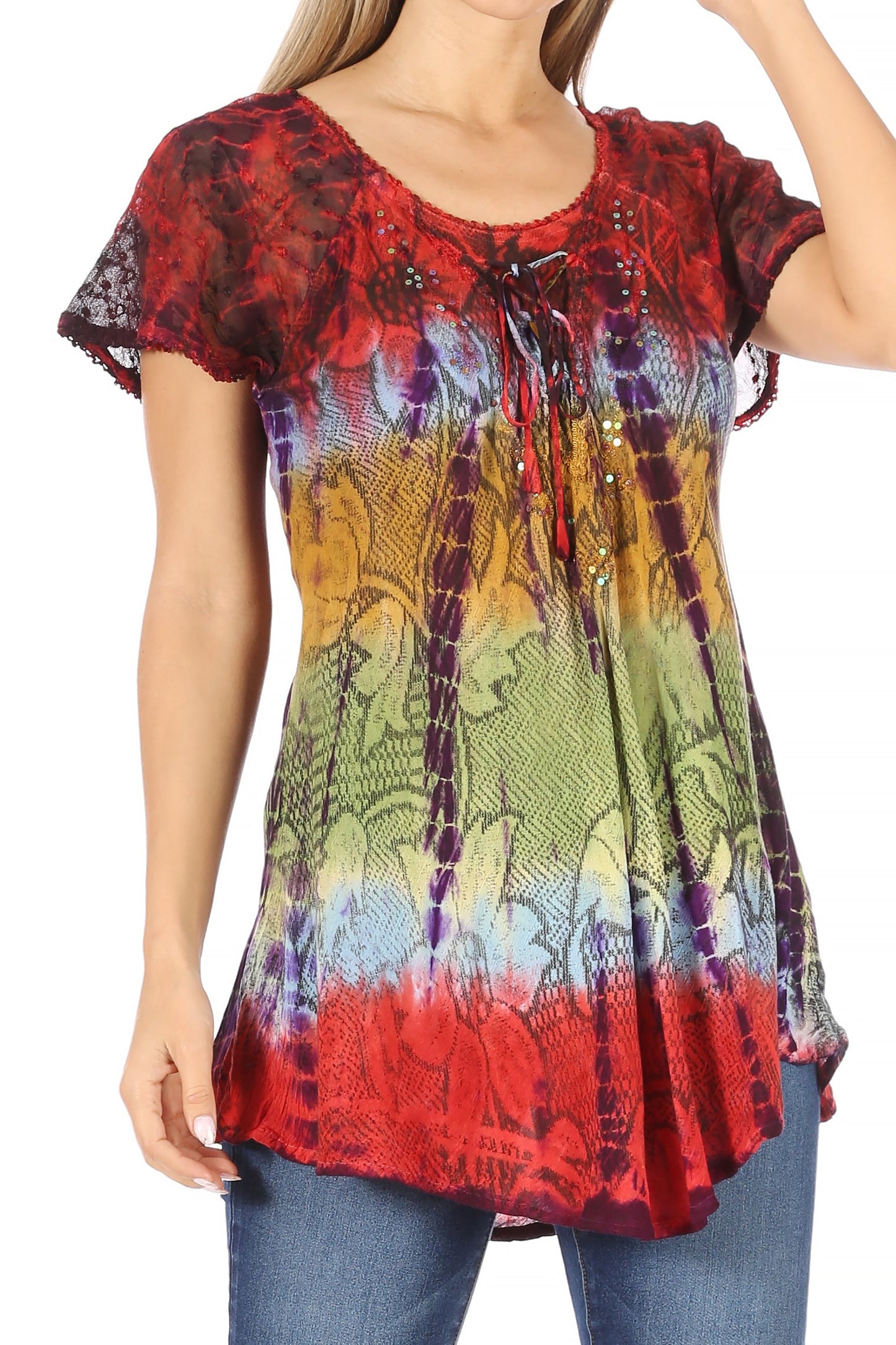 Sakkas Dina Relaxed Fit Sequin Tie Dye Embroidery Cap Sleeves Blouse / Top - Concordia Style Boutique
