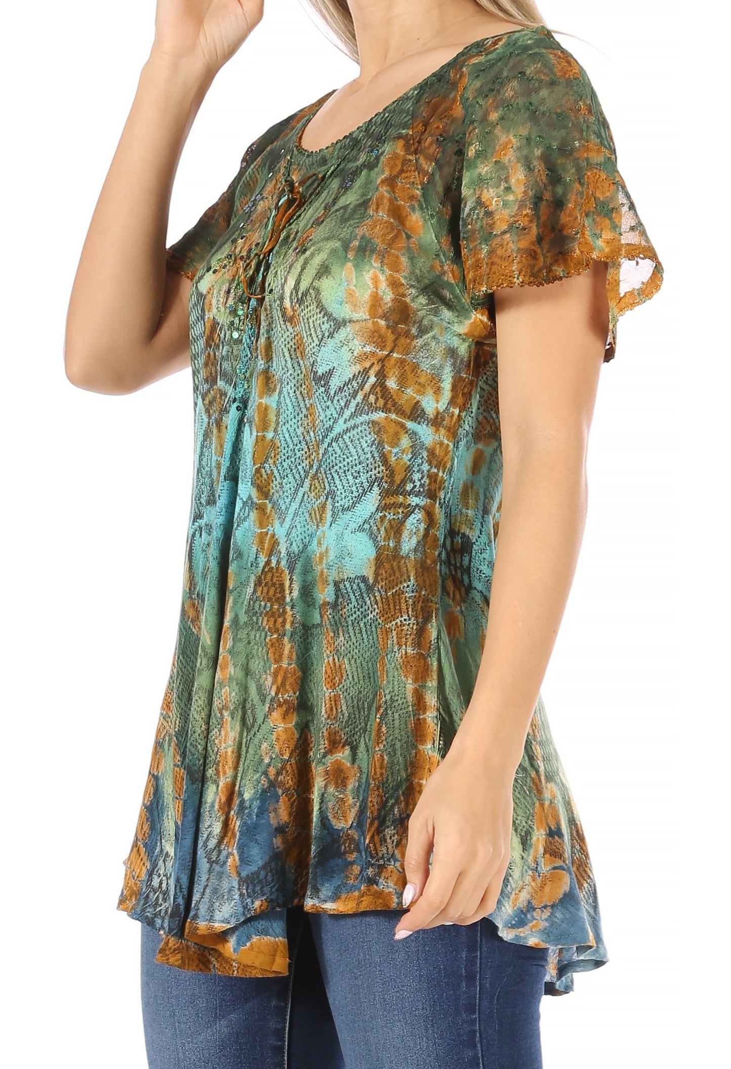 Sakkas Dina Relaxed Fit Sequin Tie Dye Embroidery Cap Sleeves Blouse / Top - Concordia Style Boutique