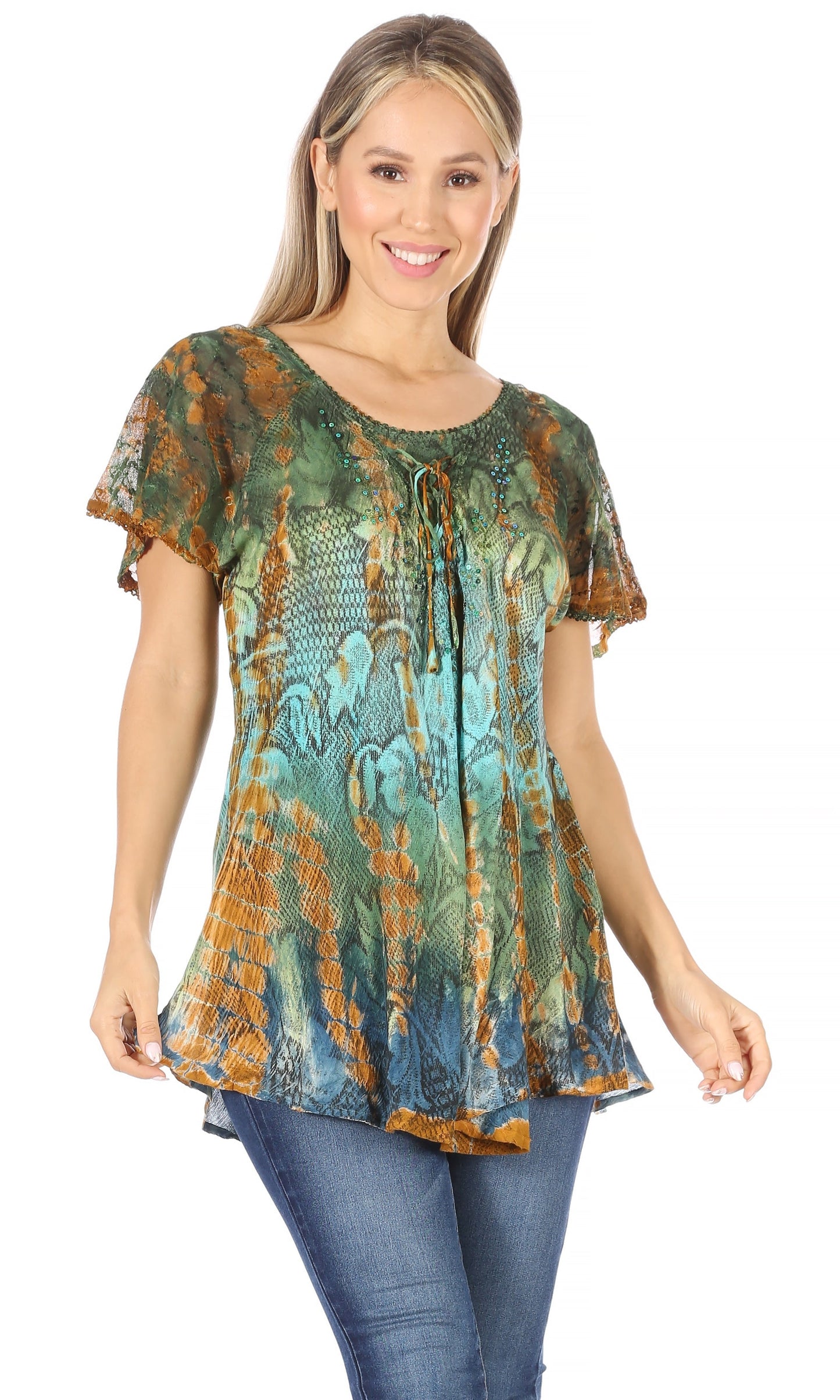 Sakkas Dina Relaxed Fit Sequin Tie Dye Embroidery Cap Sleeves Blouse / Top - Concordia Style Boutique