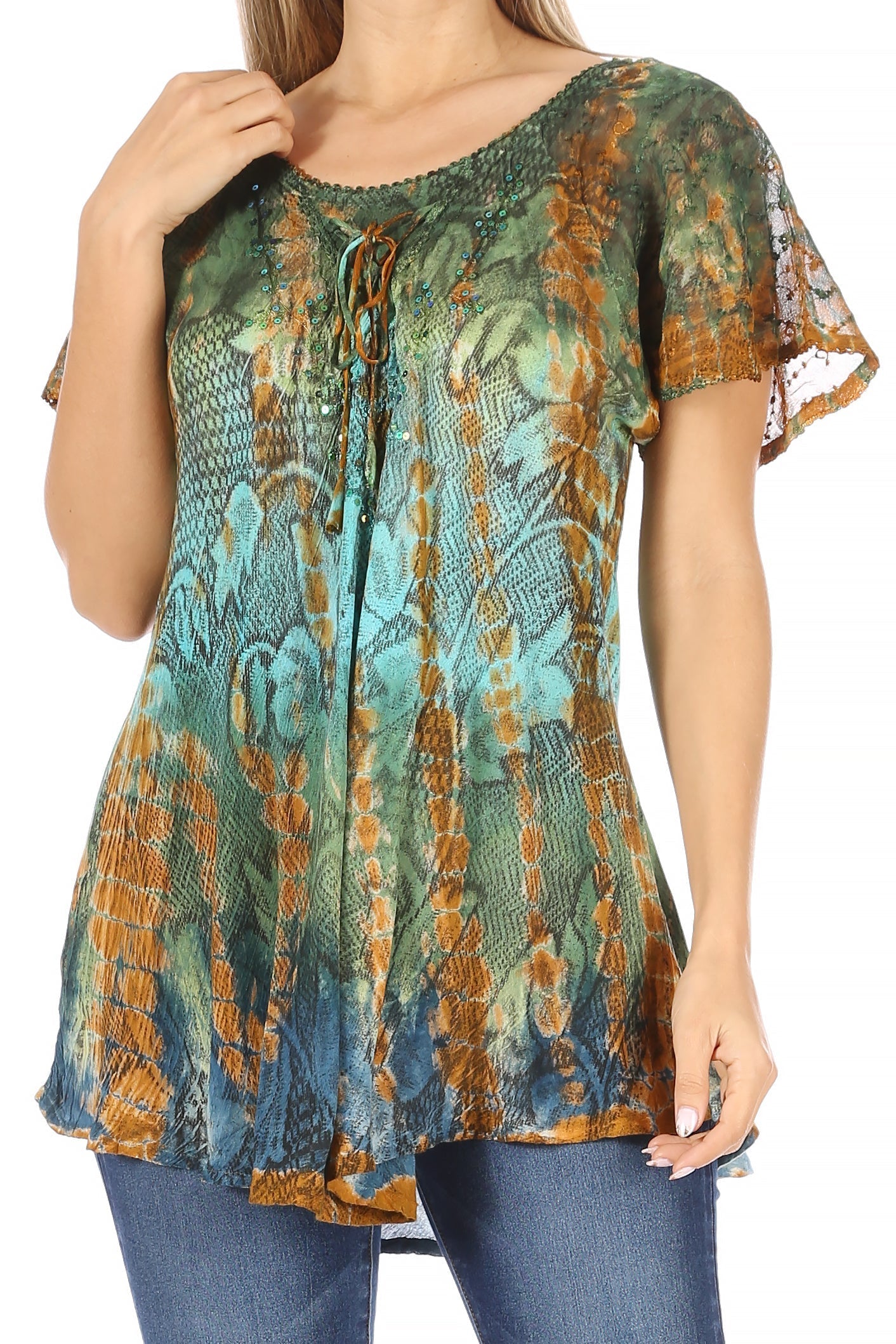Sakkas Dina Relaxed Fit Sequin Tie Dye Embroidery Cap Sleeves Blouse / Top - Concordia Style Boutique