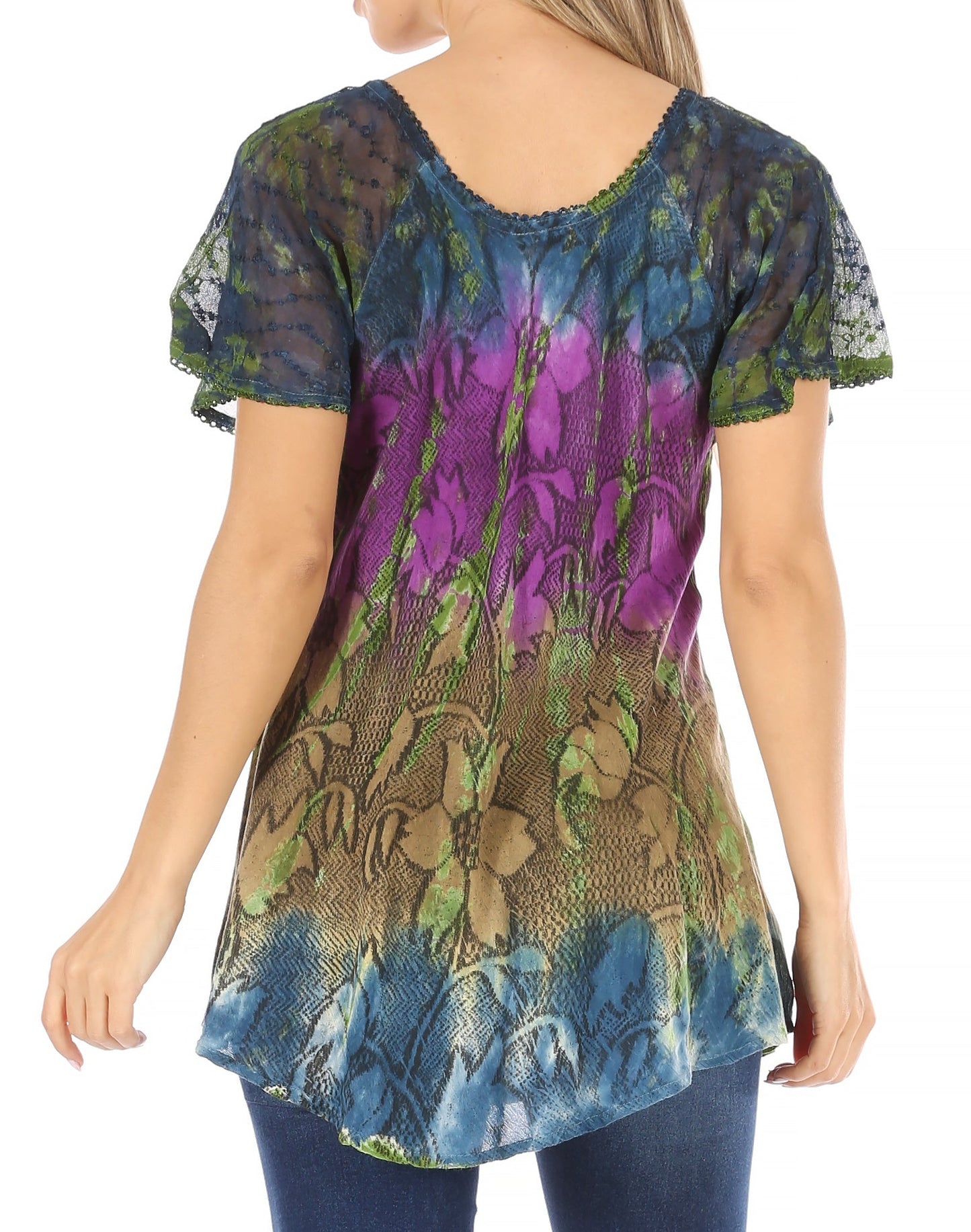 Sakkas Dina Relaxed Fit Sequin Tie Dye Embroidery Cap Sleeves Blouse / Top - Concordia Style Boutique