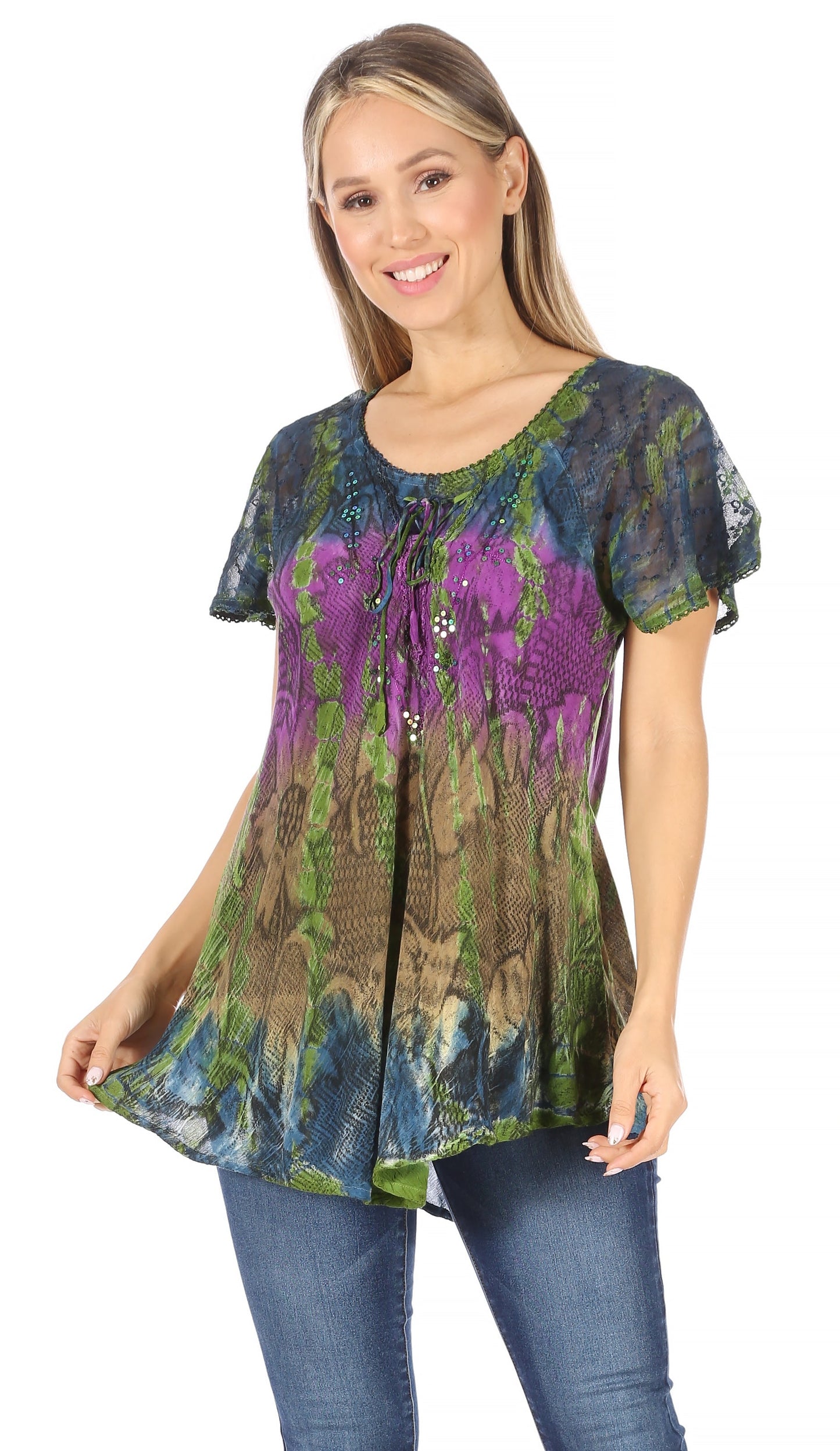 Sakkas Dina Relaxed Fit Sequin Tie Dye Embroidery Cap Sleeves Blouse / Top - Concordia Style Boutique