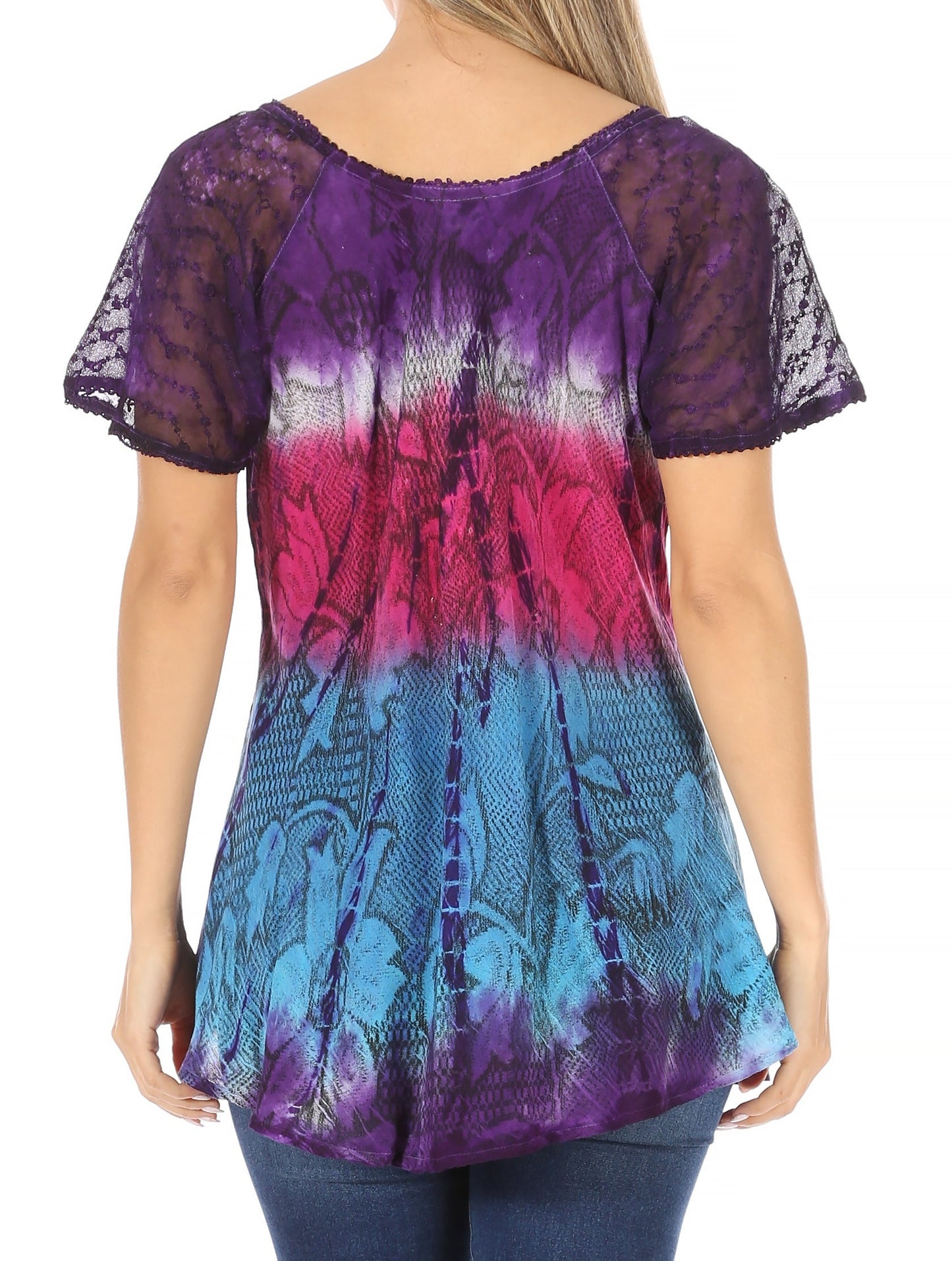 Sakkas Dina Relaxed Fit Sequin Tie Dye Embroidery Cap Sleeves Blouse / Top - Concordia Style Boutique