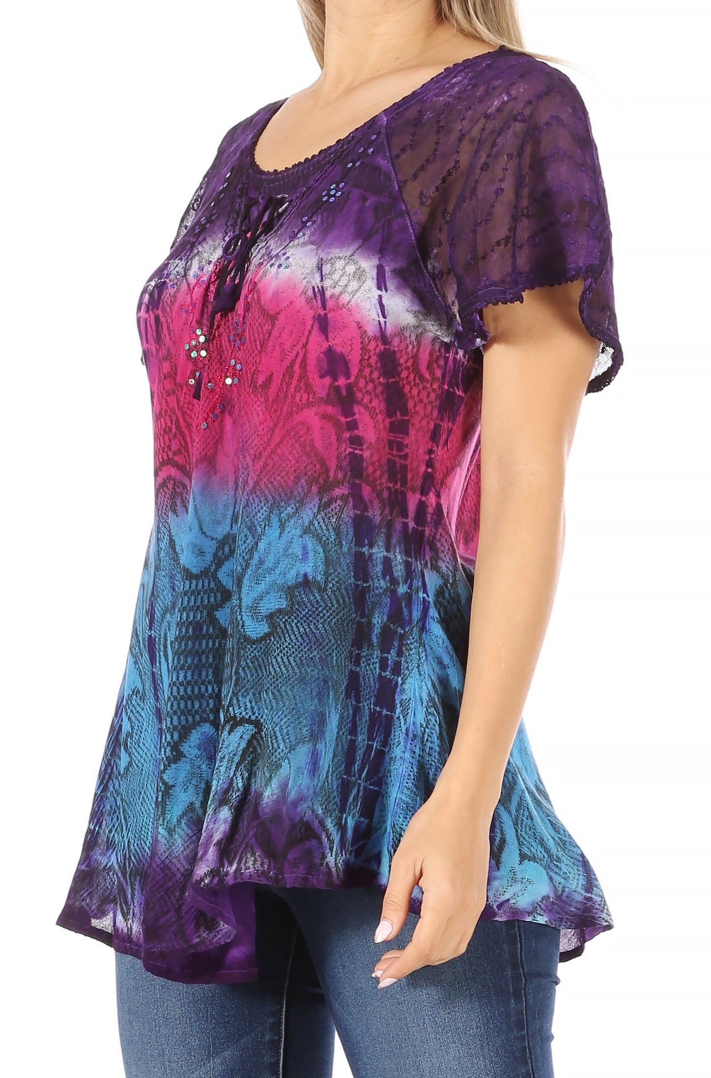 Sakkas Dina Relaxed Fit Sequin Tie Dye Embroidery Cap Sleeves Blouse / Top - Concordia Style Boutique