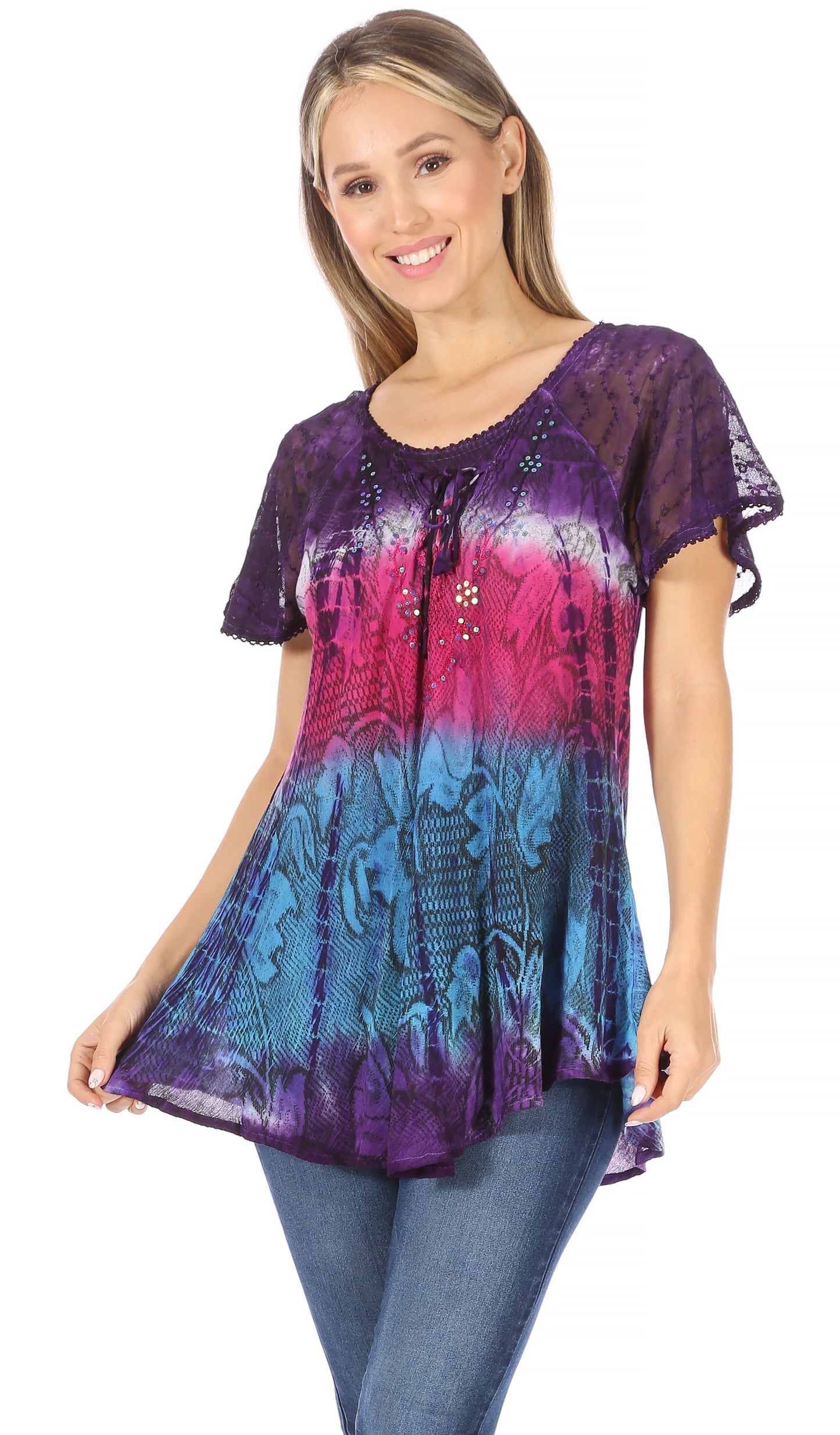 Sakkas Dina Relaxed Fit Sequin Tie Dye Embroidery Cap Sleeves Blouse / Top - Concordia Style Boutique