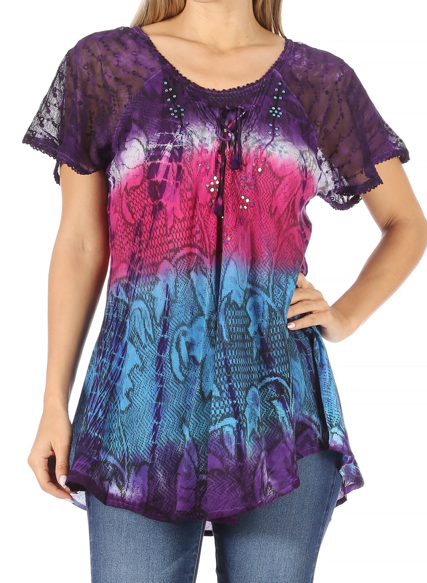 Sakkas Dina Relaxed Fit Sequin Tie Dye Embroidery Cap Sleeves Blouse / Top - Concordia Style Boutique