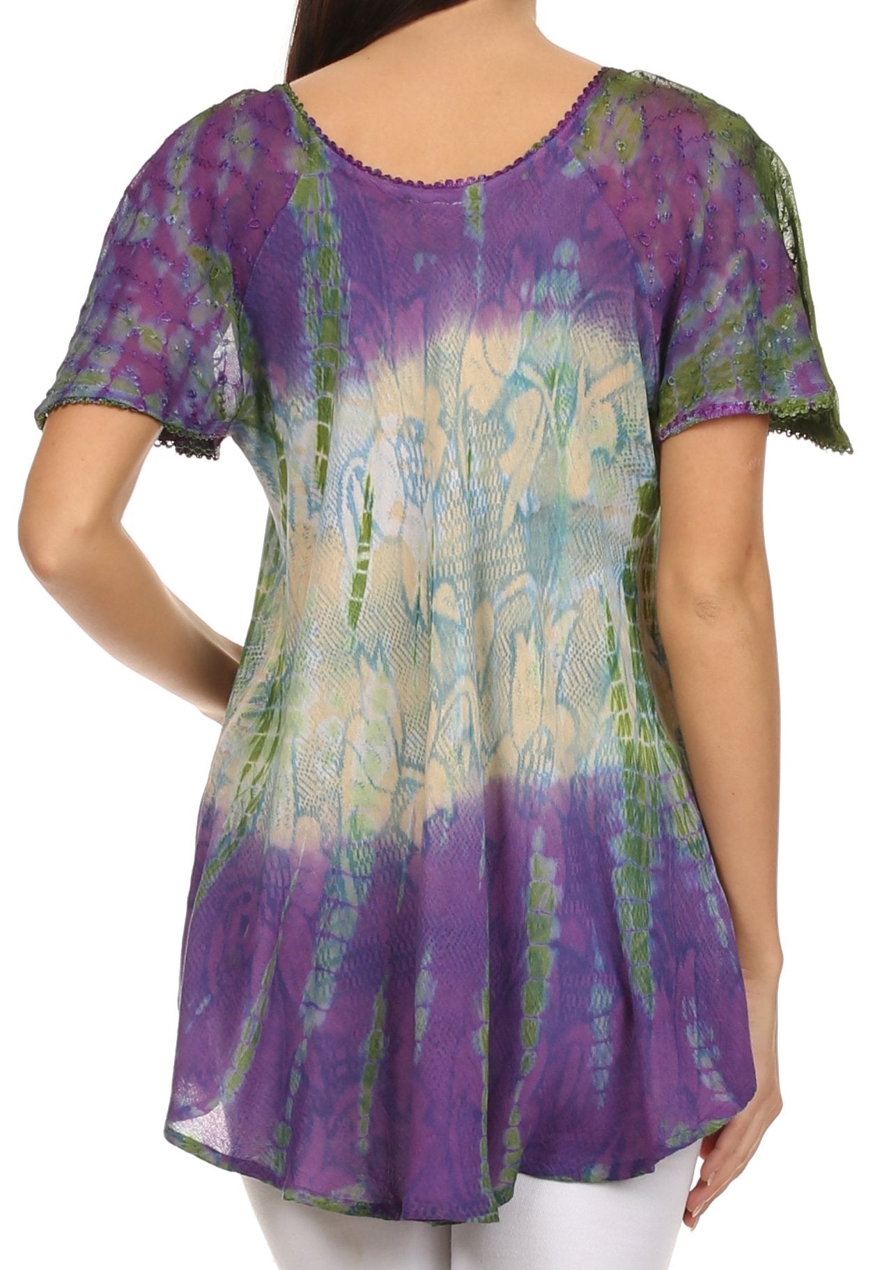 Sakkas Dina Relaxed Fit Sequin Tie Dye Embroidery Cap Sleeves Blouse / Top - Concordia Style Boutique