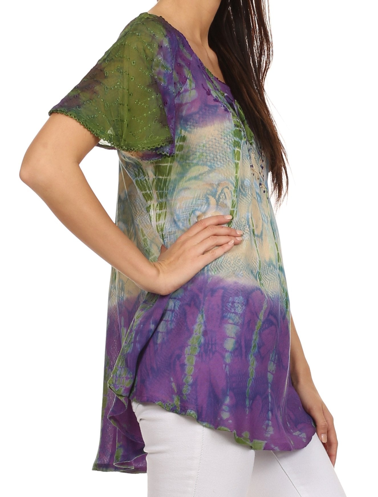Sakkas Dina Relaxed Fit Sequin Tie Dye Embroidery Cap Sleeves Blouse / Top - Concordia Style Boutique
