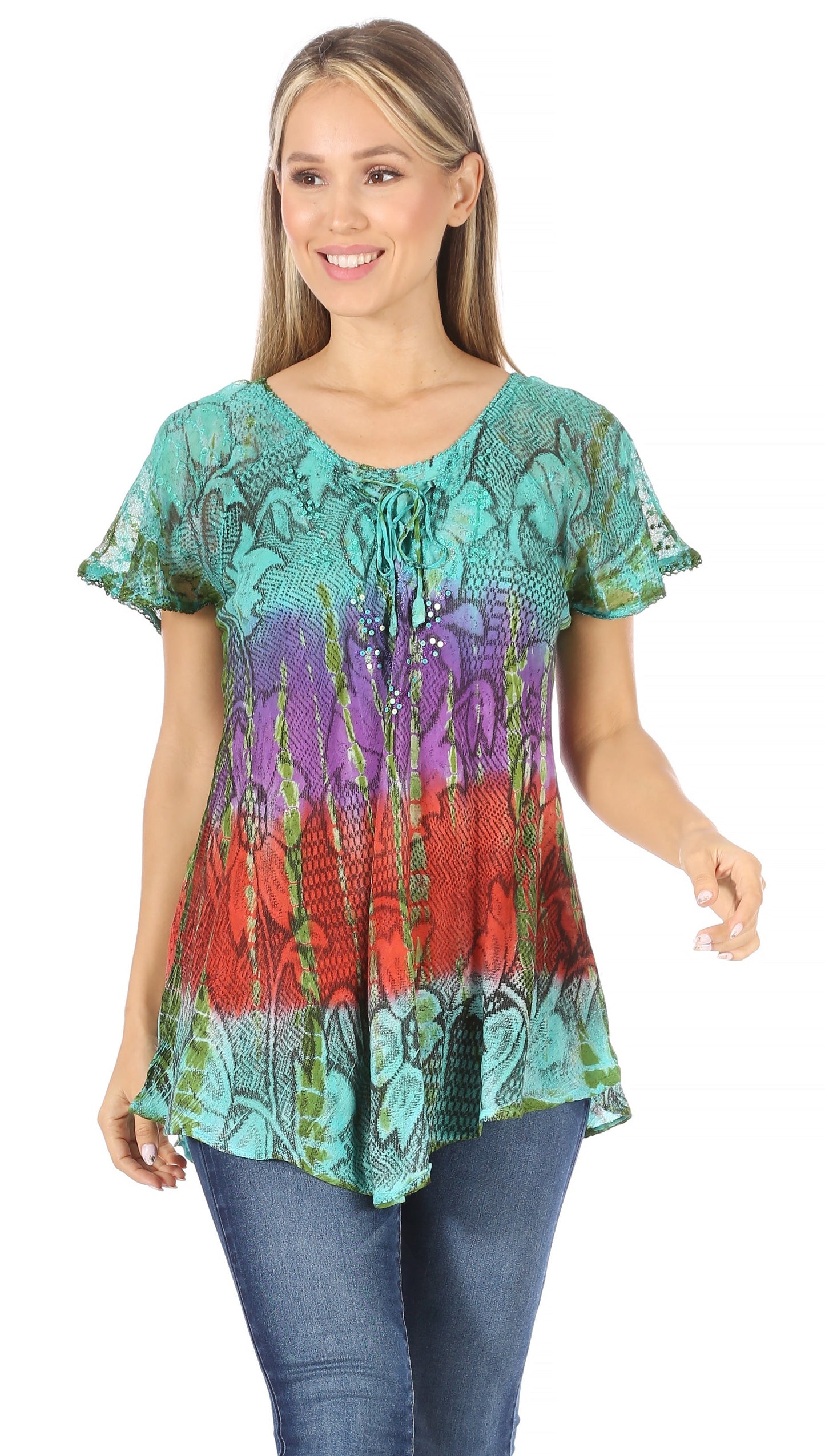 Sakkas Dina Relaxed Fit Sequin Tie Dye Embroidery Cap Sleeves Blouse / Top - Concordia Style Boutique