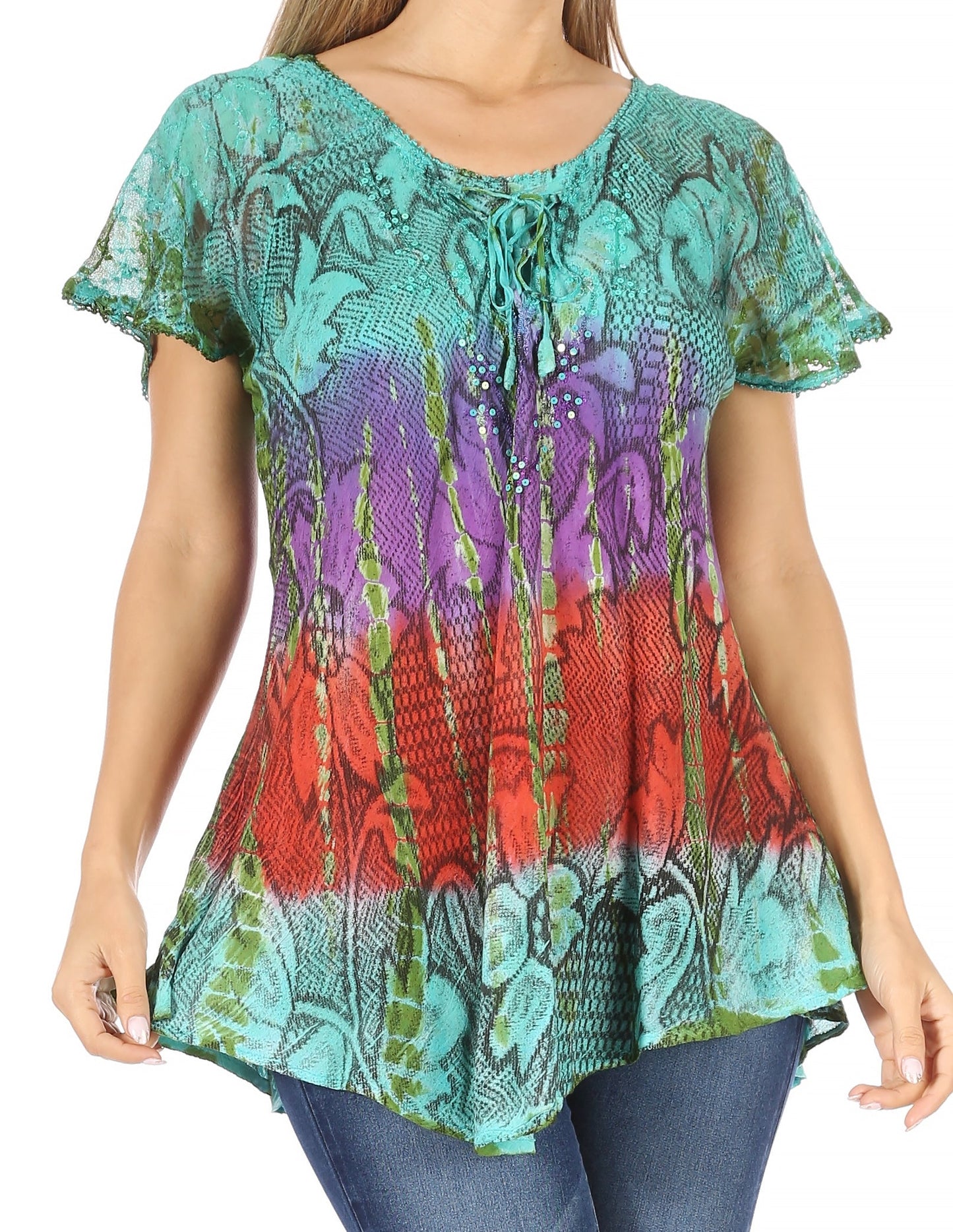 Sakkas Dina Relaxed Fit Sequin Tie Dye Embroidery Cap Sleeves Blouse / Top - Concordia Style Boutique