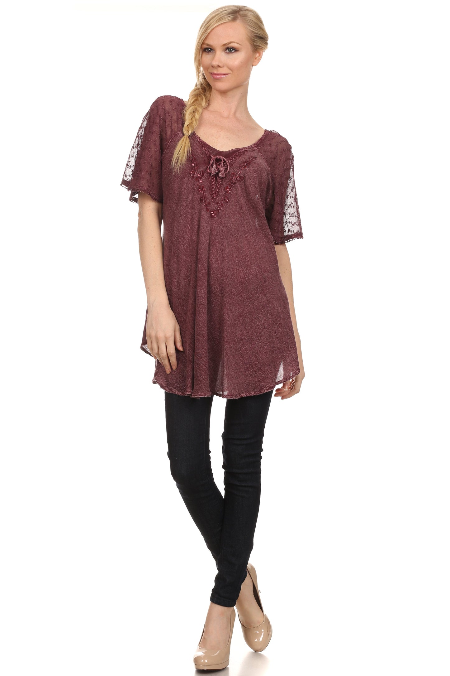 Sakkas Ellie Sequin Embroidered Cap Sleeve Scoop Neck Relaxed Fit Blouse - Concordia Style Boutique