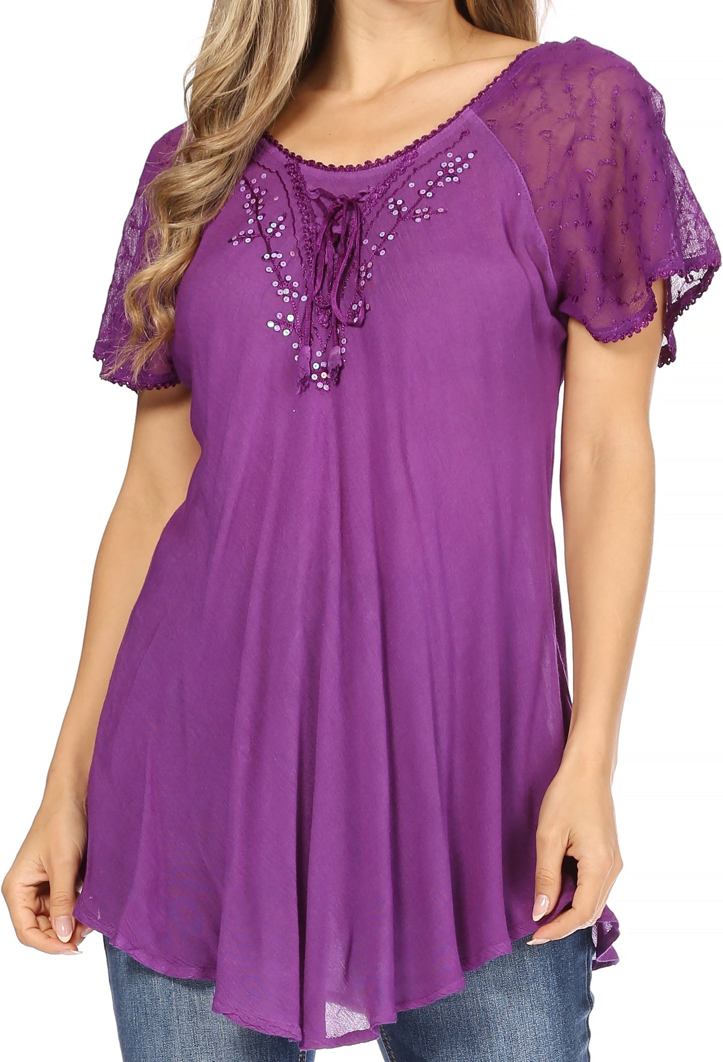 Sakkas Ellie Sequin Embroidered Cap Sleeve Scoop Neck Relaxed Fit Blouse - Concordia Style Boutique