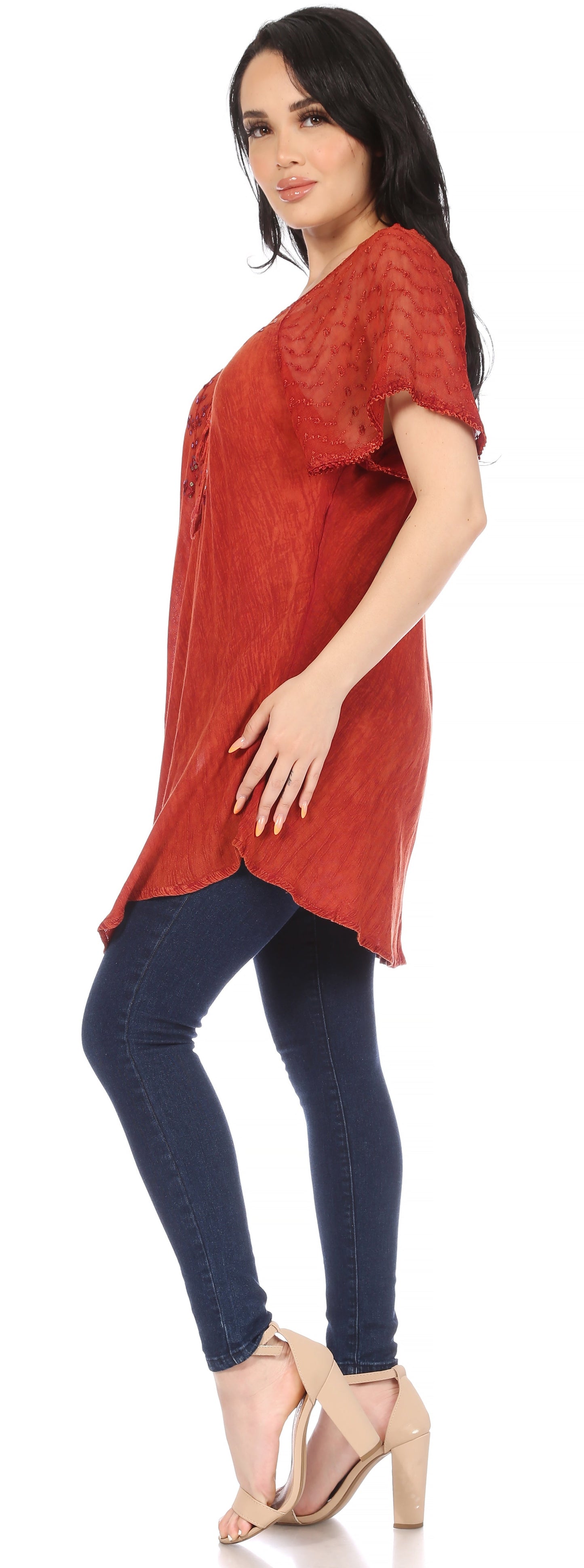 Sakkas Ellie Sequin Embroidered Cap Sleeve Scoop Neck Relaxed Fit Blouse - Concordia Style Boutique
