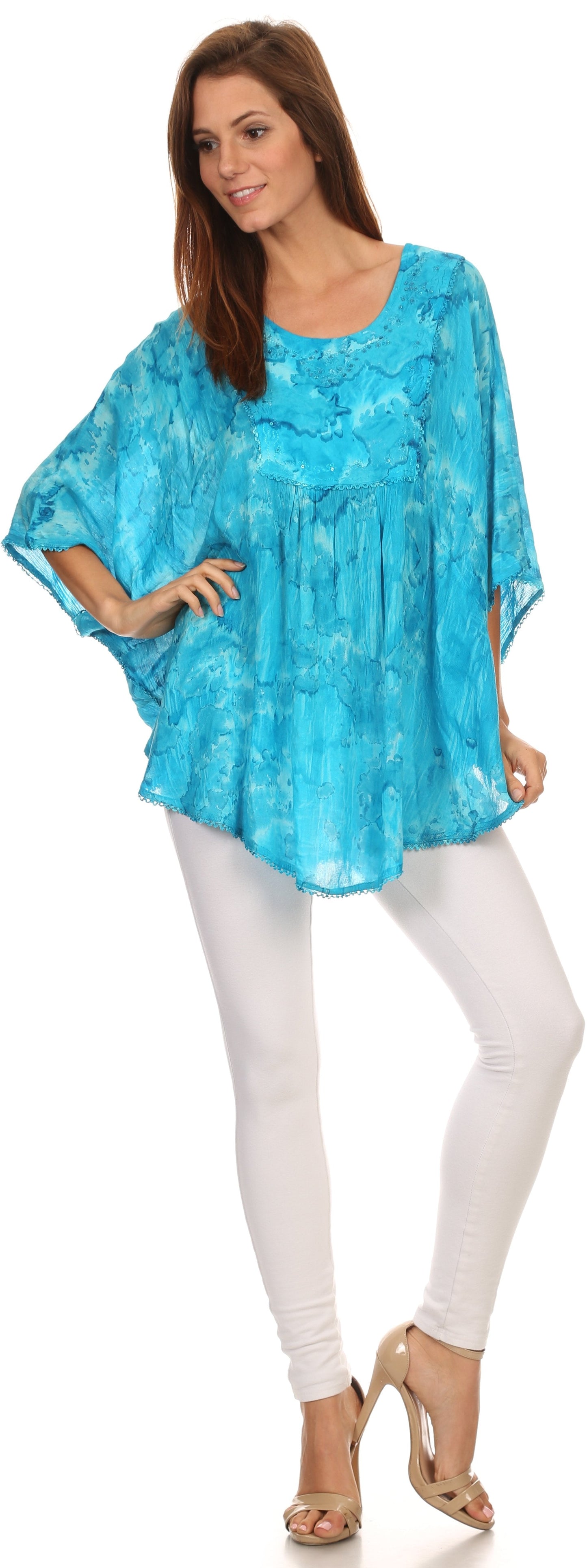 Sakkas Cleeo Long Wide Tie Dye Lace Embroidered Sequin Poncho Blouse Top Cover Up - Concordia Style Boutique