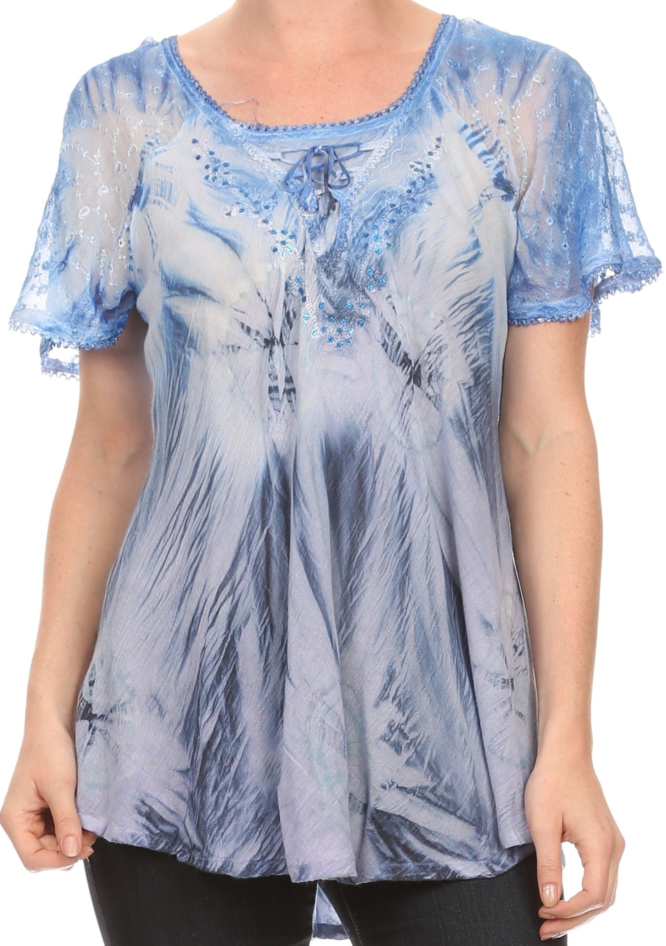 Sakkas Taylay Ombre Tie Dye Batik Long Embroidered Corset Neck Blouse Shirt Top - Concordia Style Boutique