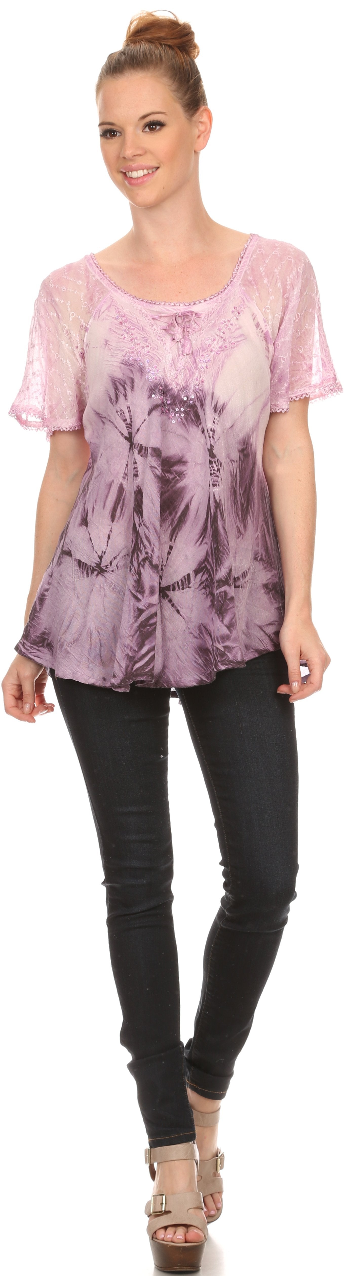 Sakkas Taylay Ombre Tie Dye Batik Long Embroidered Corset Neck Blouse Shirt Top - Concordia Style Boutique