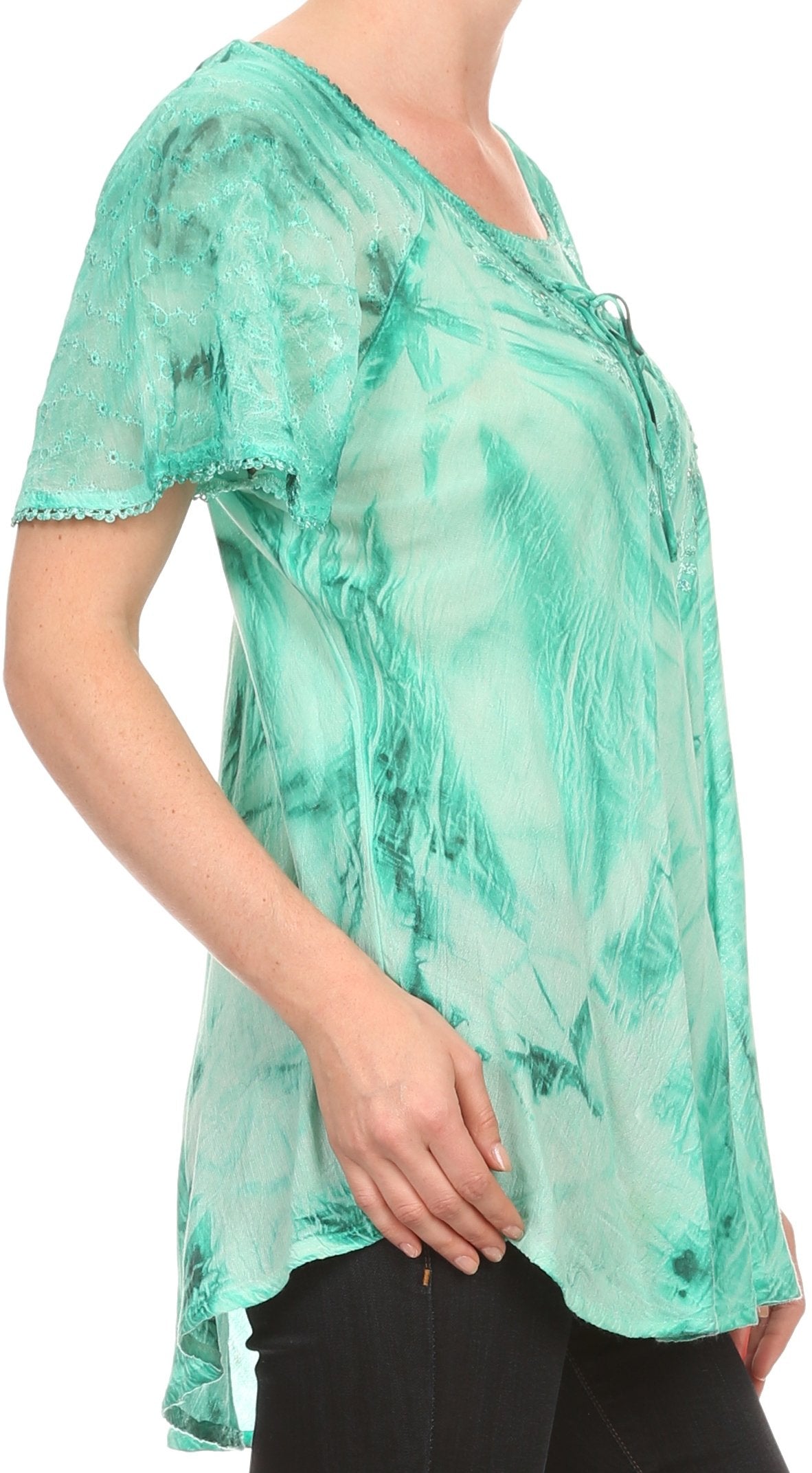 Sakkas Taylay Ombre Tie Dye Batik Long Embroidered Corset Neck Blouse Shirt Top - Concordia Style Boutique