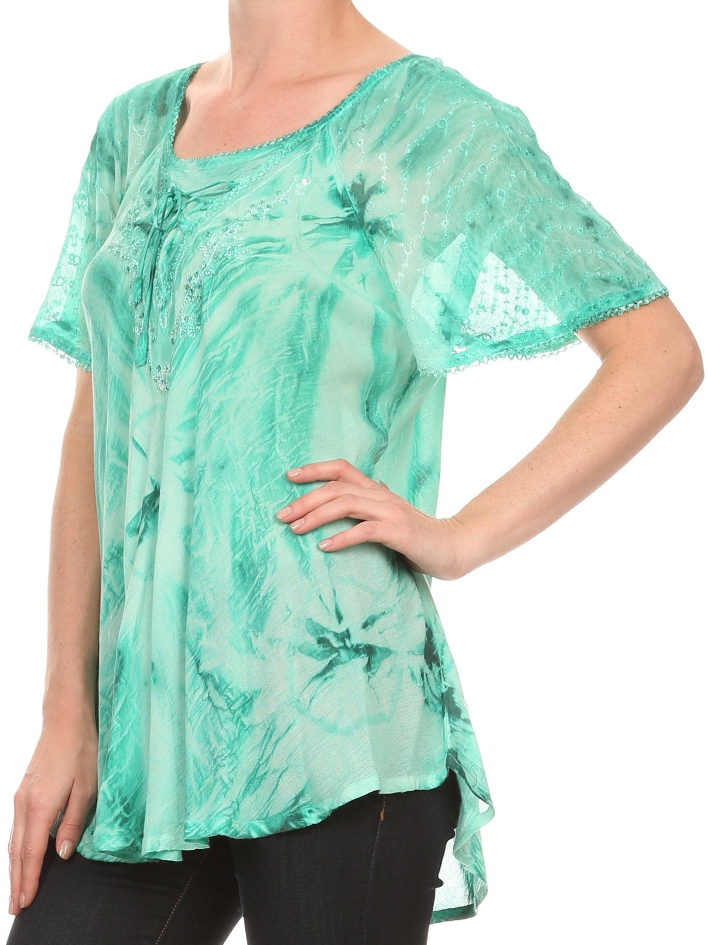 Sakkas Taylay Ombre Tie Dye Batik Long Embroidered Corset Neck Blouse Shirt Top - Concordia Style Boutique