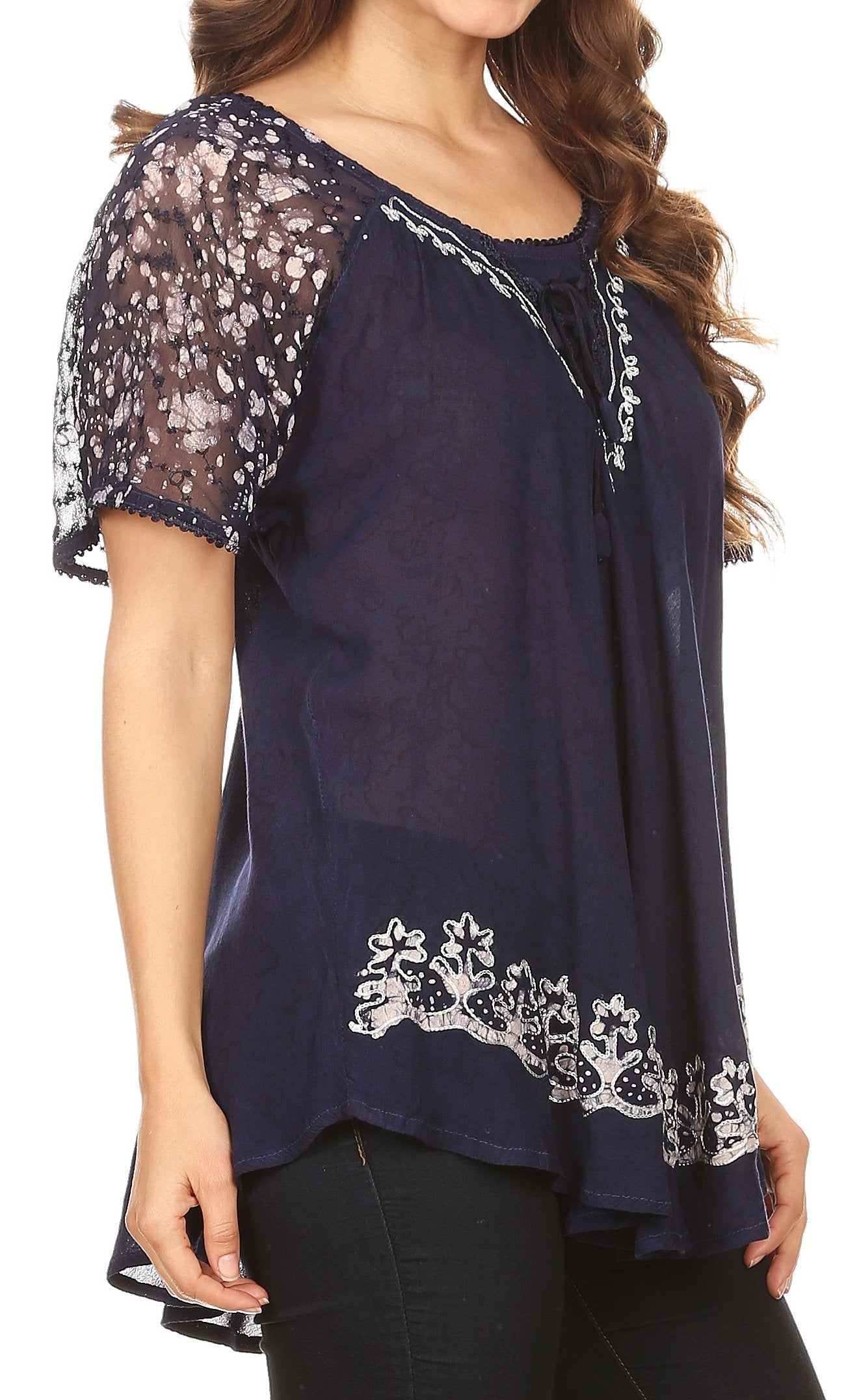 Sakkas Ash Speckled Tiedye Embroidered Cap Sleeve Blouse Top With Embroidery Hems - Concordia Style Boutique