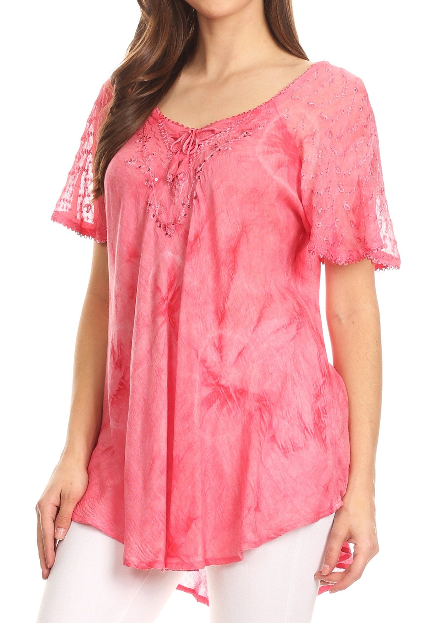 Sakkas Hana Tie Dye Relaxed Fit Embroidery Cap Sleeves Peasant Batik Blouse / Top - Concordia Style Boutique
